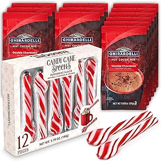Taboom Dye-Free Peppermint Candy Cane Spoon & Hot Cocoa Bundle - 12 Individually Wrapped Peppermint Spoons with 12 Double Chocolate Premium Hot Cocoa Packets - Festive Christmas Hot Chocolate Gift Set & Stocking Stuffers