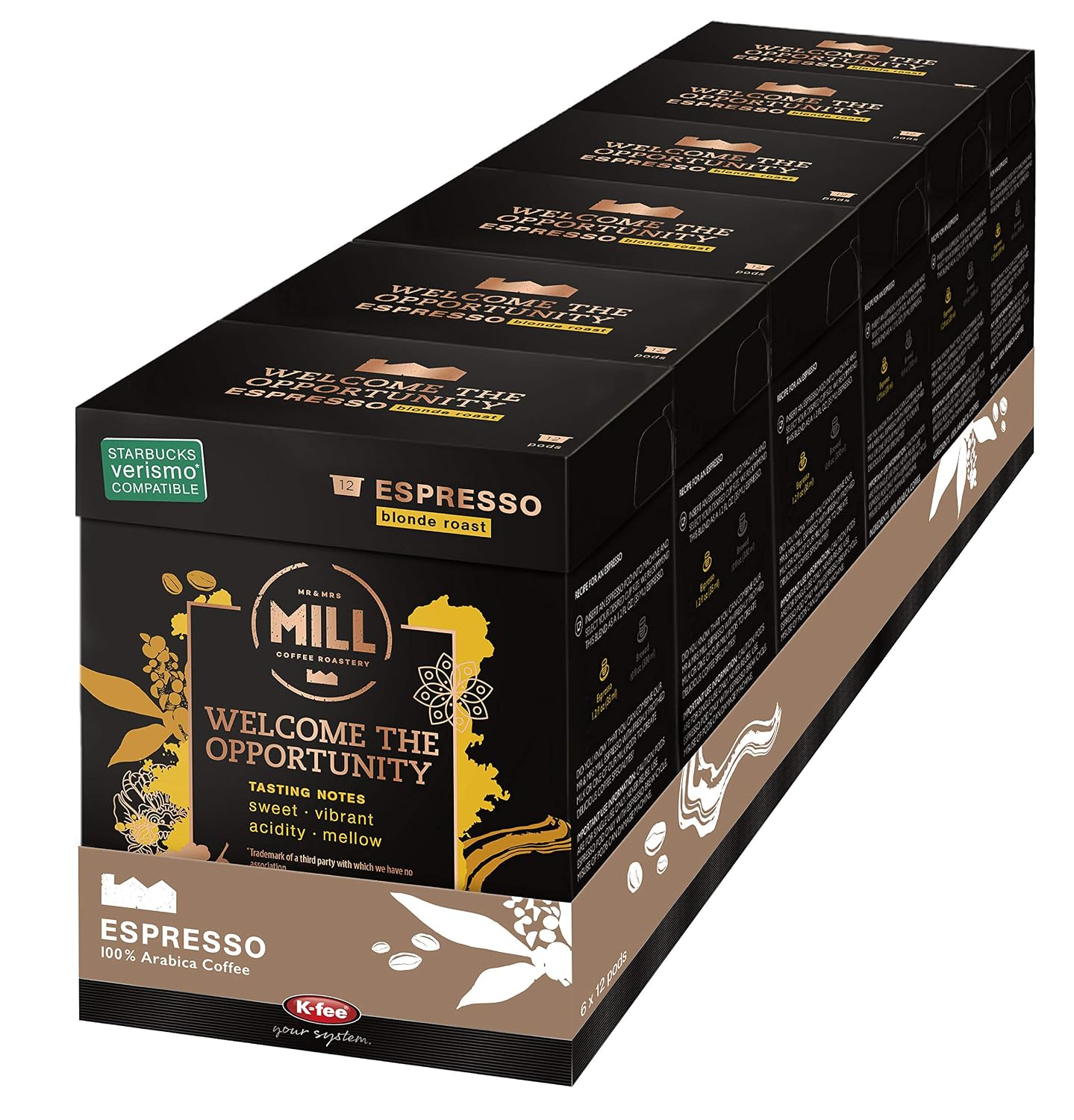 Mr and Mrs Mill Espresso Verismo Compatible Blonde Roast Welcome the Opportunity Single Serve Coffee Pods 72 Count (6 boxes of 12 Pods each)