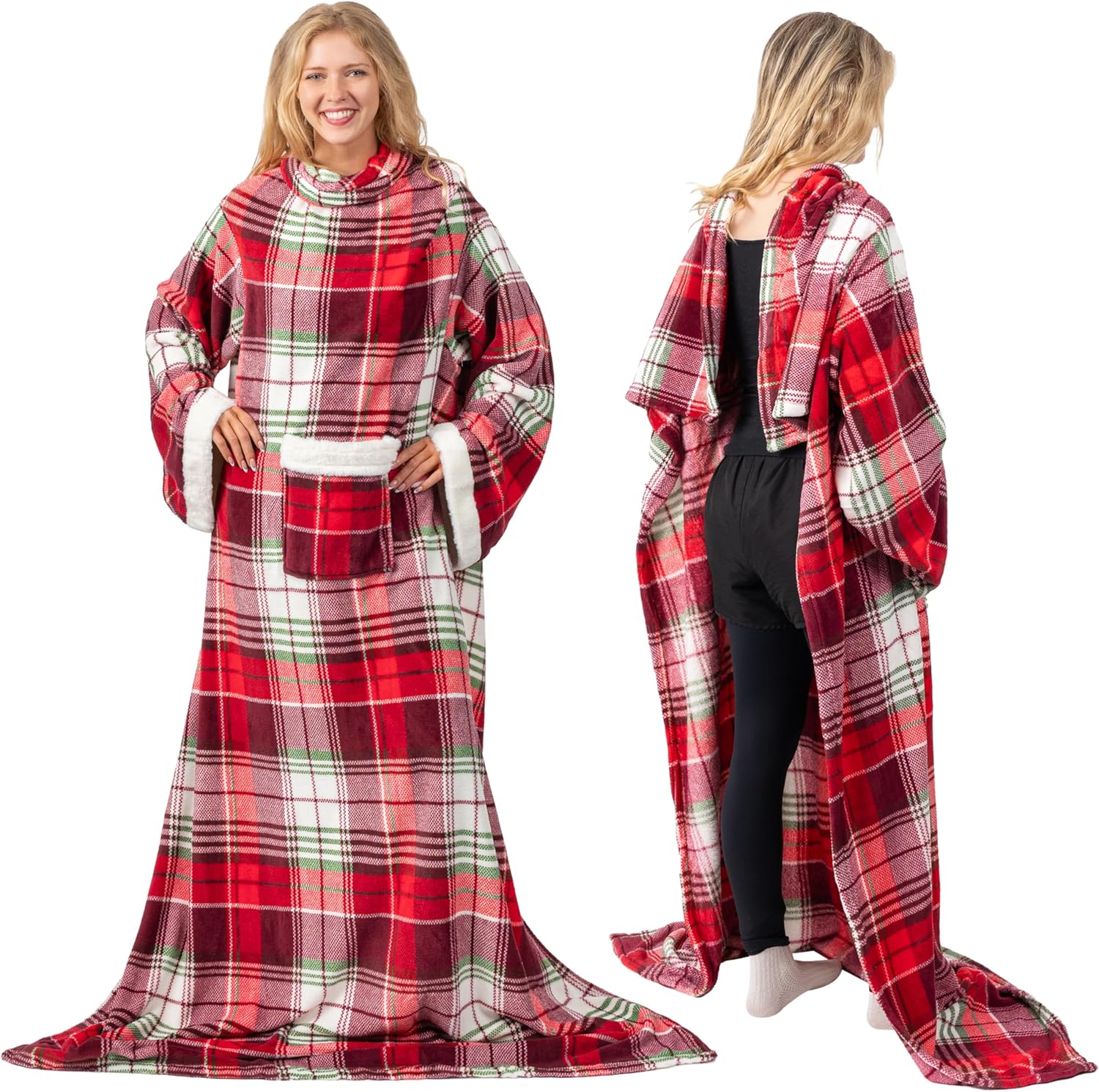 PAVILIA Fleece Blanket with Sleeves for Women Men Adults, Wearable Blanket Warm Soft Plush, Snuggle Pocket Sleeved TV Throw Wrap, Cozy White Elephant Gifts Idea Mom Wife, Christmas Plaid PAVILIA Fleece Blanket with Sleeves for Women Men Adults, Wearable Blanket Warm Soft Plush, Snuggle Pocket Sleeved TV Throw Wrap, Cozy White Elephant Gifts Idea Mom Wife, Christmas Plaid