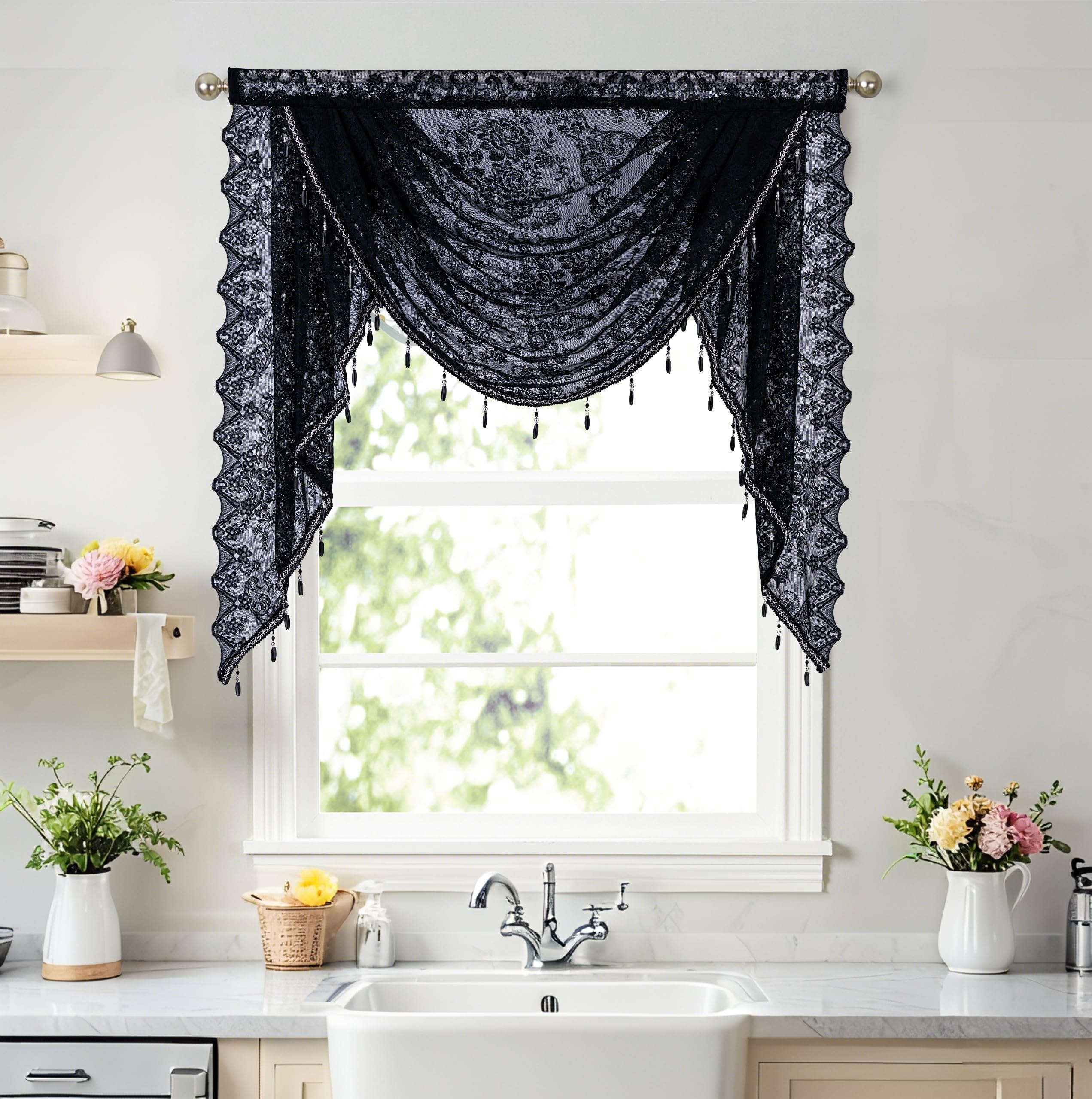 Boho Beaded Lace Waterfall Curtain Valances for Windows, Vintage Semi Sheer Floral Embroidered Kitchen Swag Curtains Rod Pocket Window Treatments for Living Room Bedroom Bathroom, 39