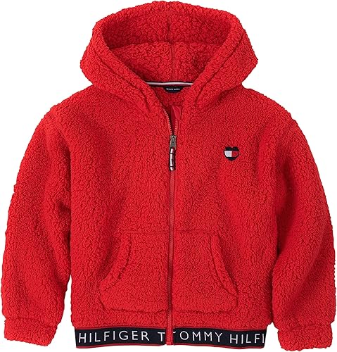 Tommy Hilfiger Sudadera con logotipo para niña, sudadera con capucha de forro polar con cremallera completa frontal y bolsillos