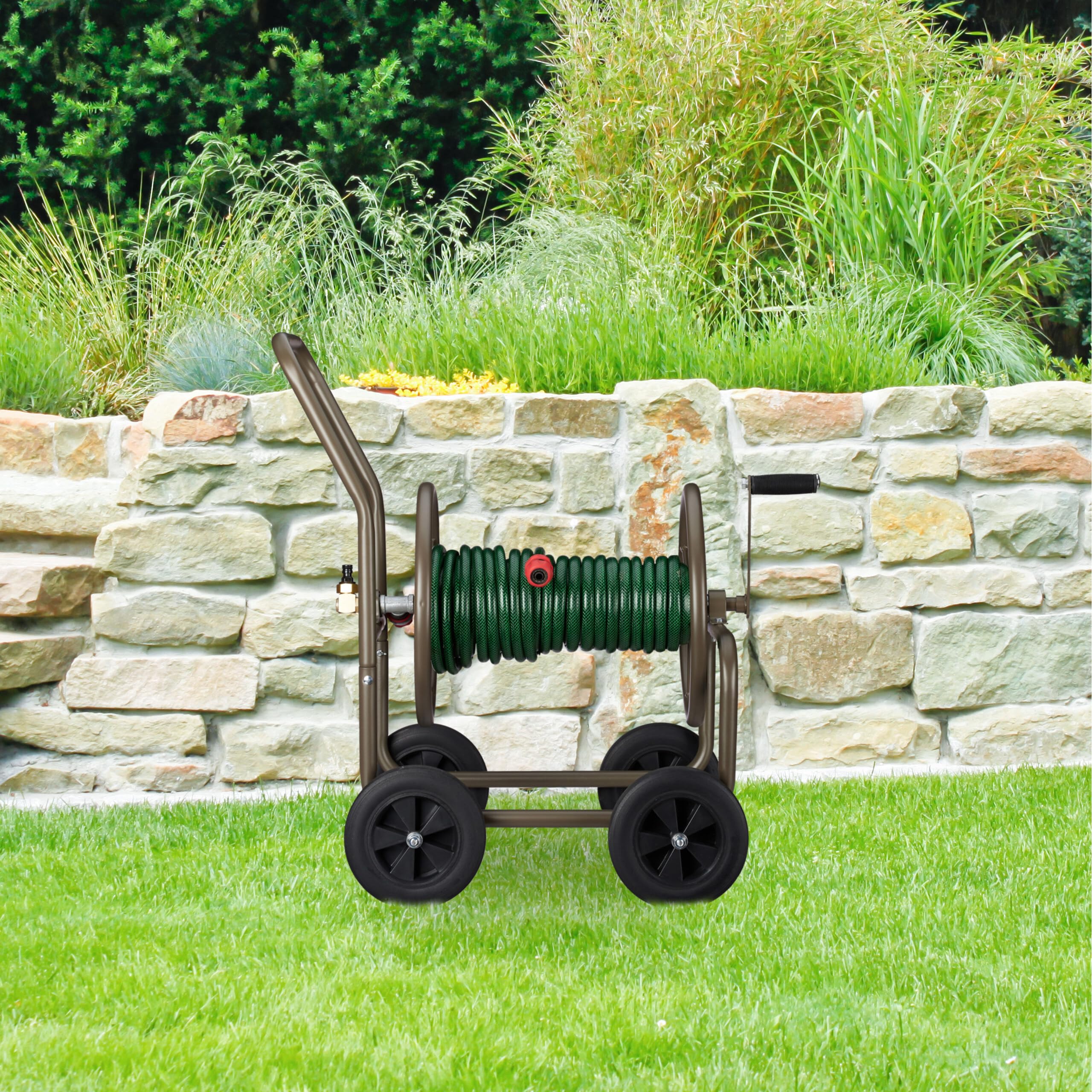 Relaxdays Chariot pour tuyau XL, tambour mobile métallique, pour tuyau de 60 m, enroulement à 90 °, avec des roues, brun