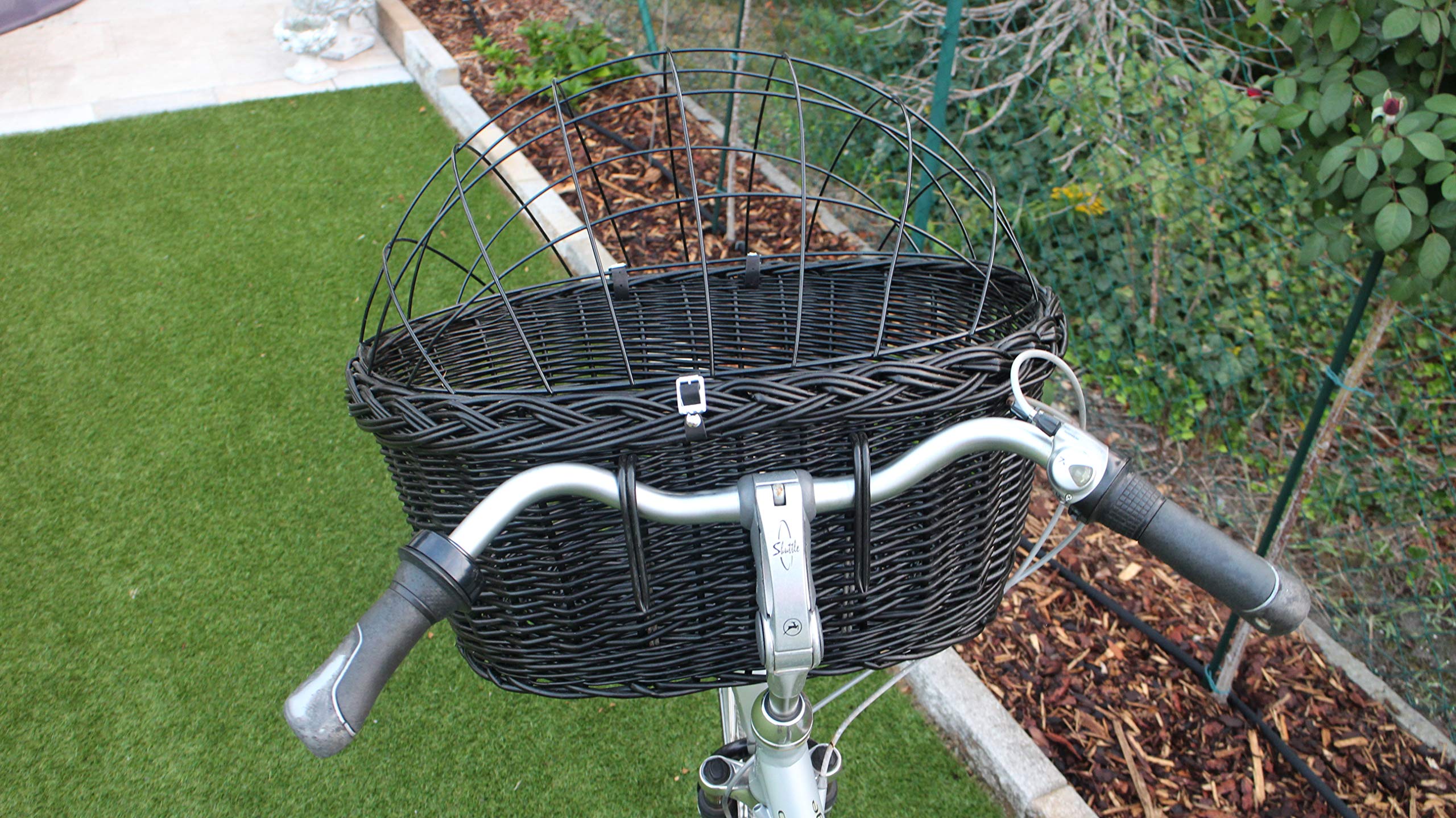 Hundefahrradkorb für Fahradlenker aus Weide in Schwarz mit Metallgitter und Kissen Verschiedene Größen Lenkrad Weidenkorb Hundekorb Lenkerkorb Einkaufskorb Natur (XXL ohne Kissen)