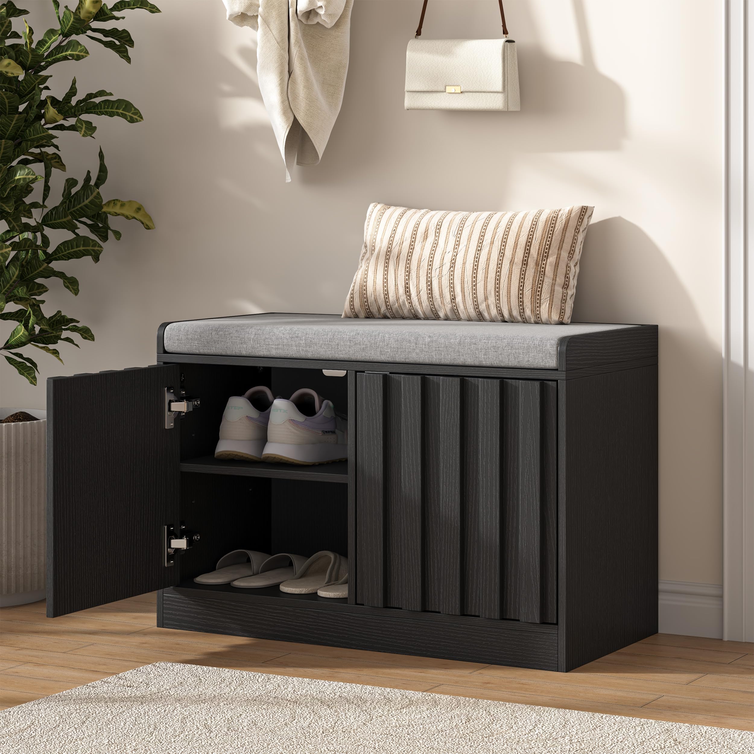 UEV Shoe Storage Bench with Cushion Seat, Wooden Slat Shoe Cabinet with Doors & Shelves, Entryway Hallway Storage Bench, Ideal for Flats & Slippers, Black, 66W x 32D x 44H cm
