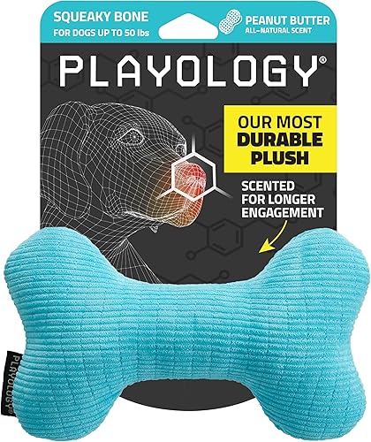 Miniatura 7 de Playology Peluche Squeaky Bone  Juguete de peluche con aroma a mantequilla de maní natural con chirriador interactivo para perros grandes a extra