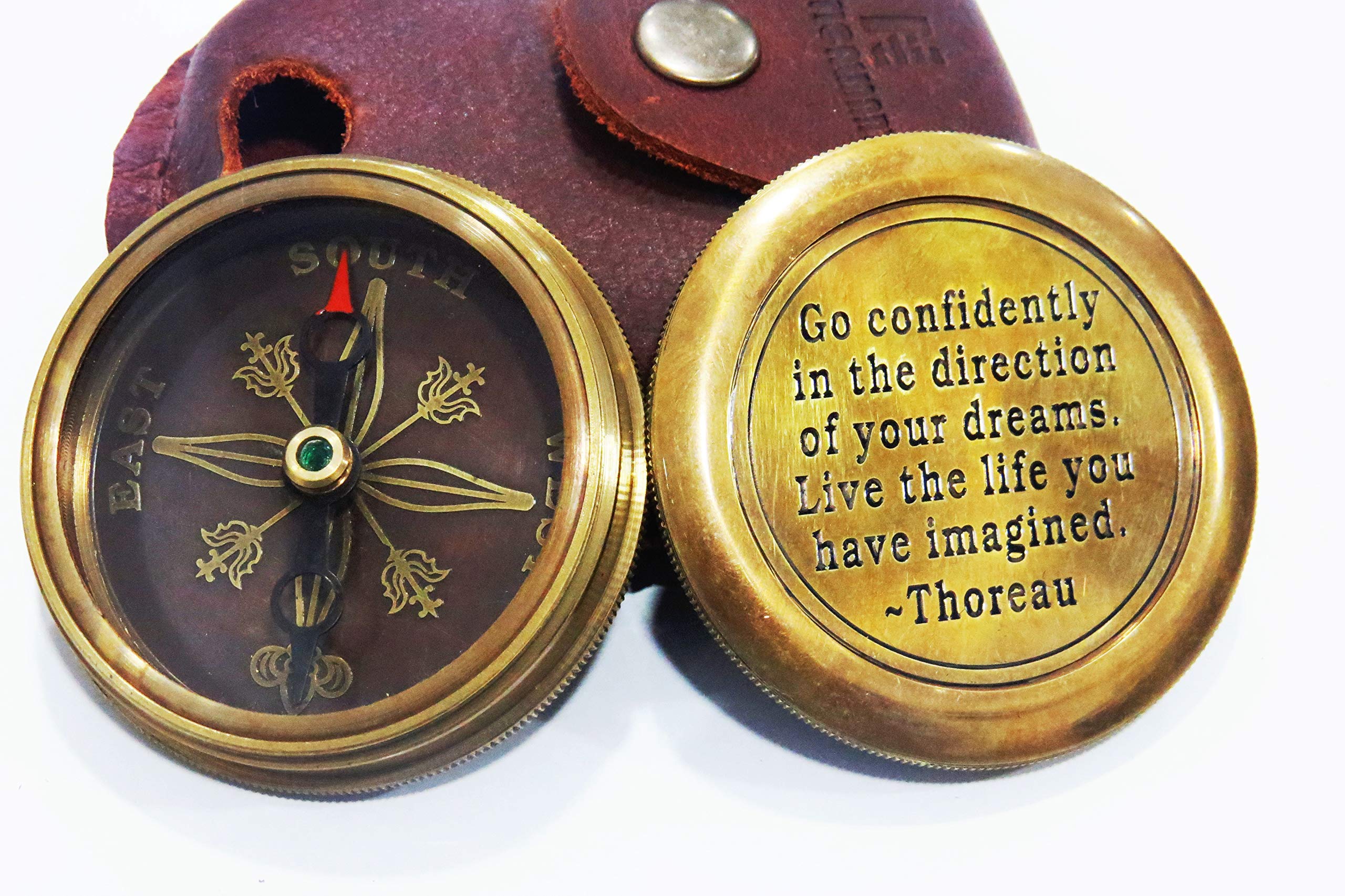 DecoReall Thoreau Go Confidently in The Direction of Your Dreams Quotes Engraved Poem Compass with Stamped Leather case, Boy Scout' Camping Compass, Boating Compass, Gift Compass, Graduation Day Gifts