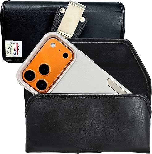 Turtleback Funda para cinturón diseñada para iPhone 15 Pro Max, se adapta a Otterbox Commuter Series o tamaño similar, horizontal de cuero negro