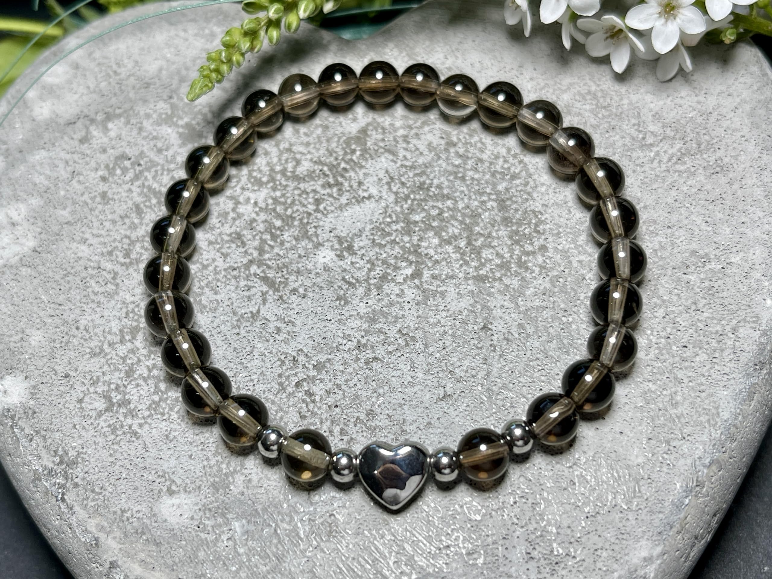 Rauchquarz Armband Perlen echt 6mm Herz Edelstahl Silber Gold Roségold oder Ionisiert - Handmade Perlenarmband Kraft Lebensfreude positive Gedanken - Spiritueller Schmuck Damen Mädchen
