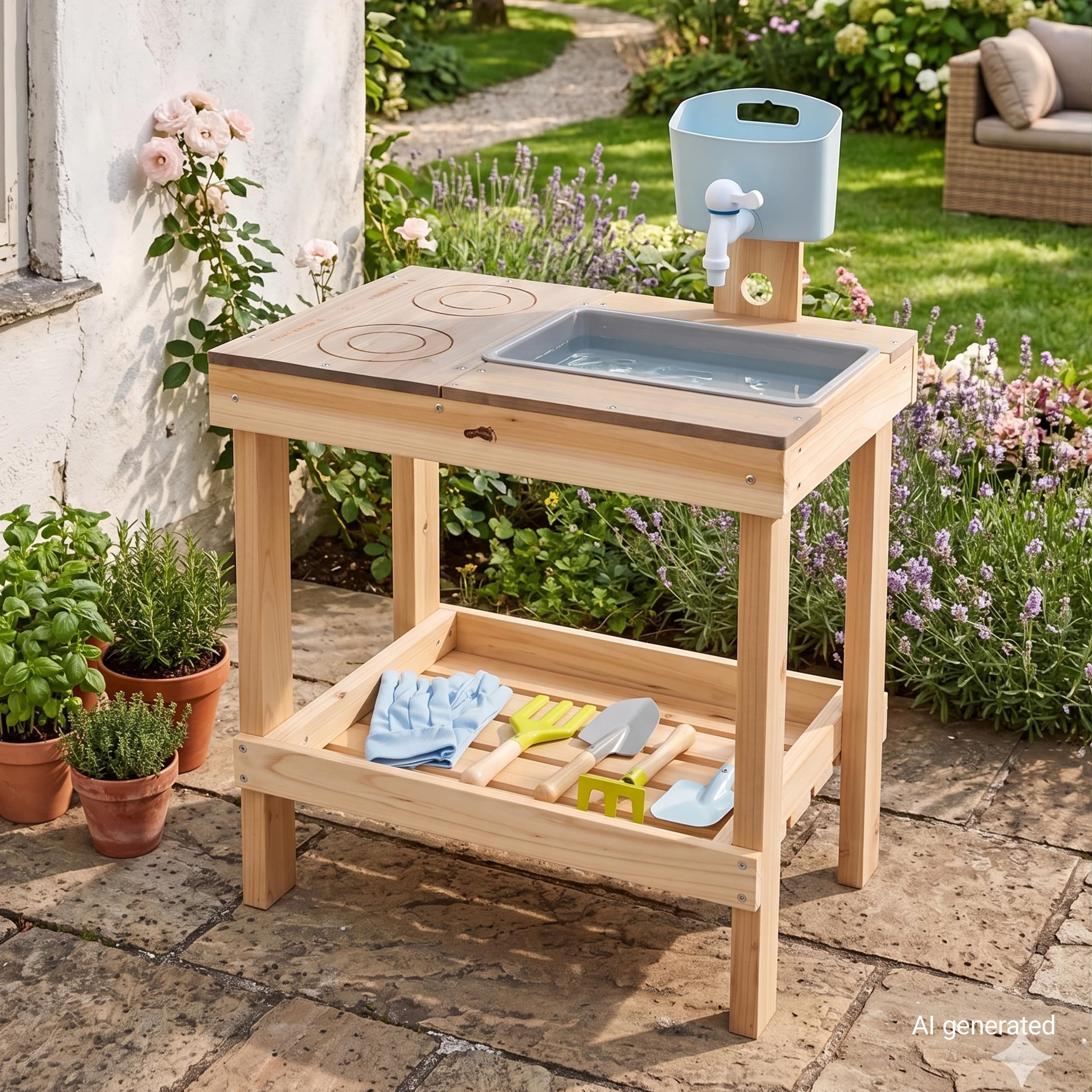 small foot Juego de cocina de barro para niños con juego de agua y juego de jardín, color verde | Cocina de juguete para exteriores con dispensador de agua, herramientas de jardín, placa de cocina y delantal