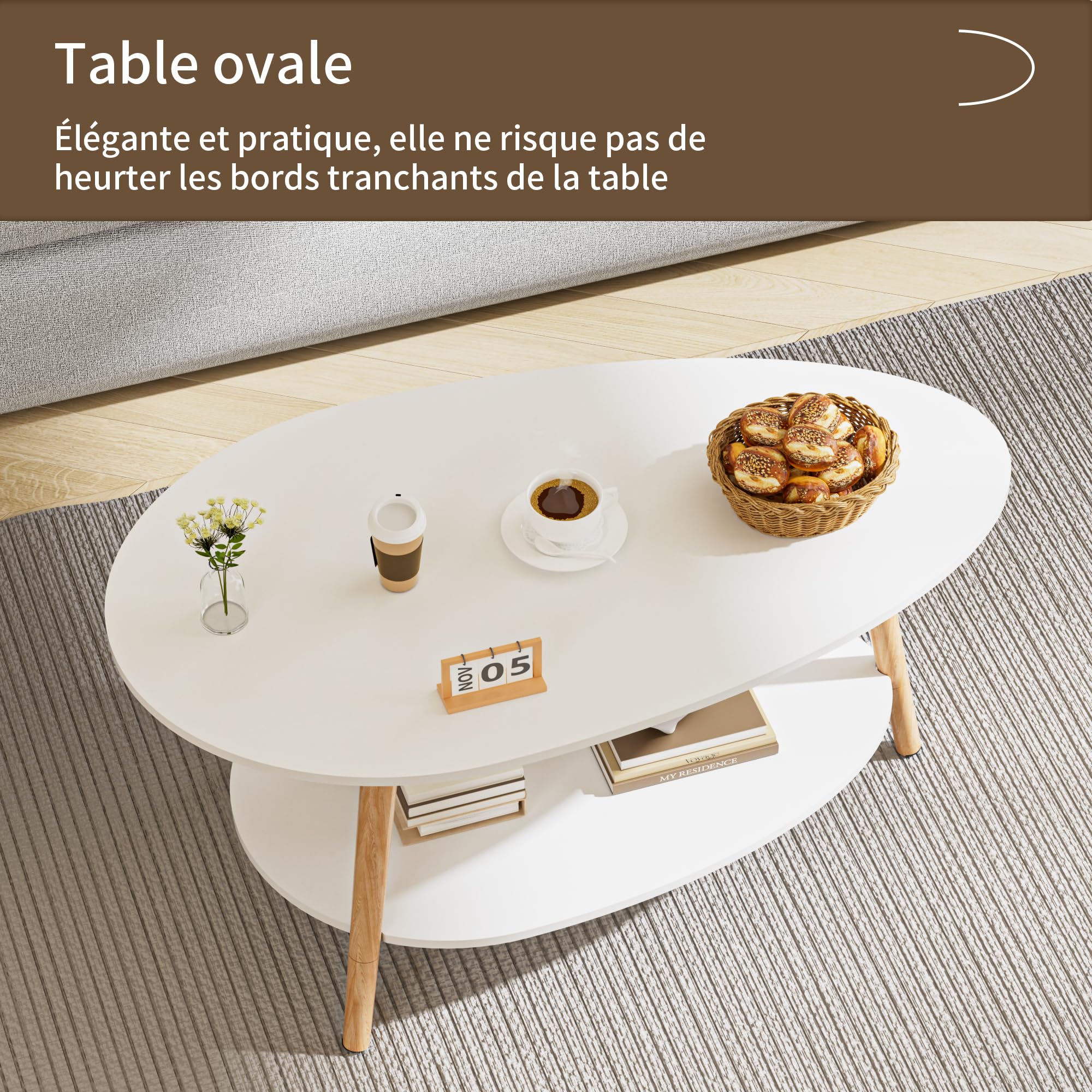 BonVache Table de Thé en Bois Massif, Table de Salon Ovale à Double Niveau, Table Ronde pour Salon, Table Basse, Table d'Appoint, Table à Thé, Blanc