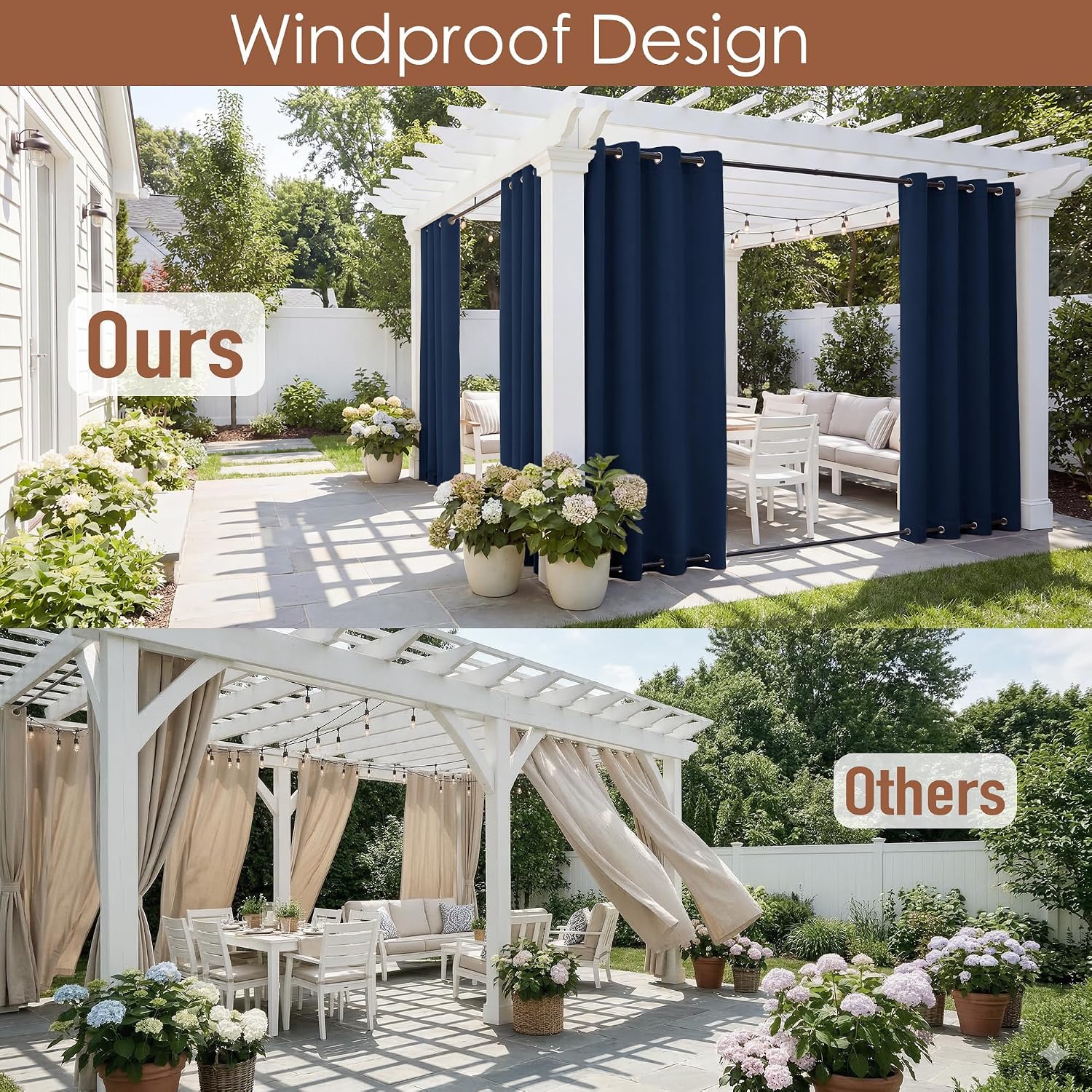 RYB HOME Windproof Outdoor Curtains - Waterproof Blackout Shade Thermal Insulated Drapes for Patio Screen Porch Gazebo Pergola Garage Sun Room, W 52 x L 90, 2 Panels, Navy Blue