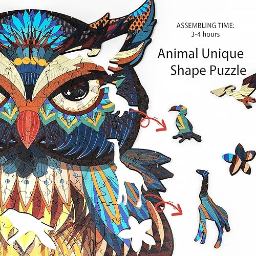 Miniatura 2 de FvMemo Rompecabezas de madera para adultos, rompecabezas de madera de búho de 100 piezas, rompecabezas únicos en forma de animales, rompecabezas de