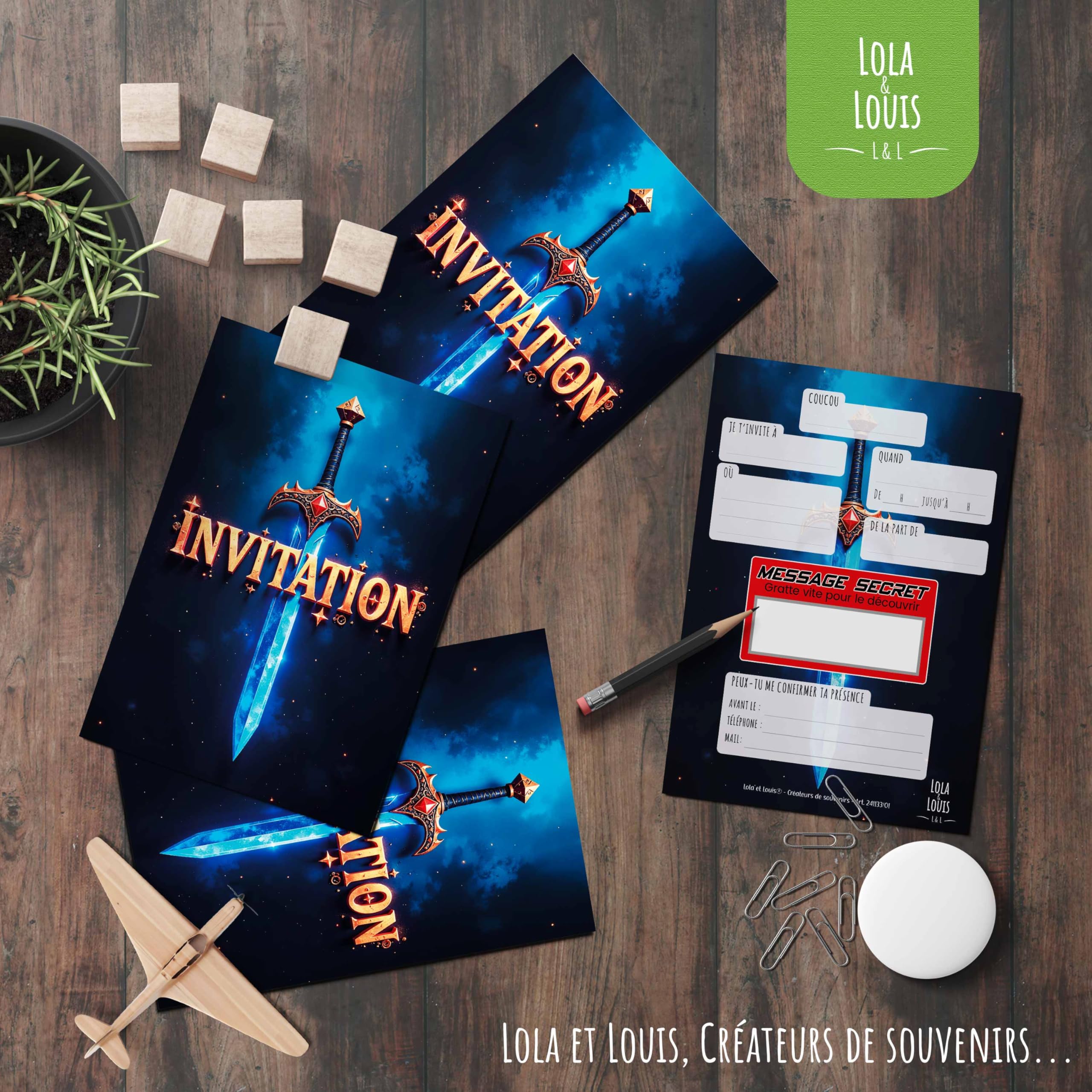 Lola Et Louis 10 Cartes Invitation Enfants Avec Enveloppes - Message Secret à Gratter Chevalier Aventure Jeux Vidéo | Anniversaire Filles Et Garçons Qualité Premium