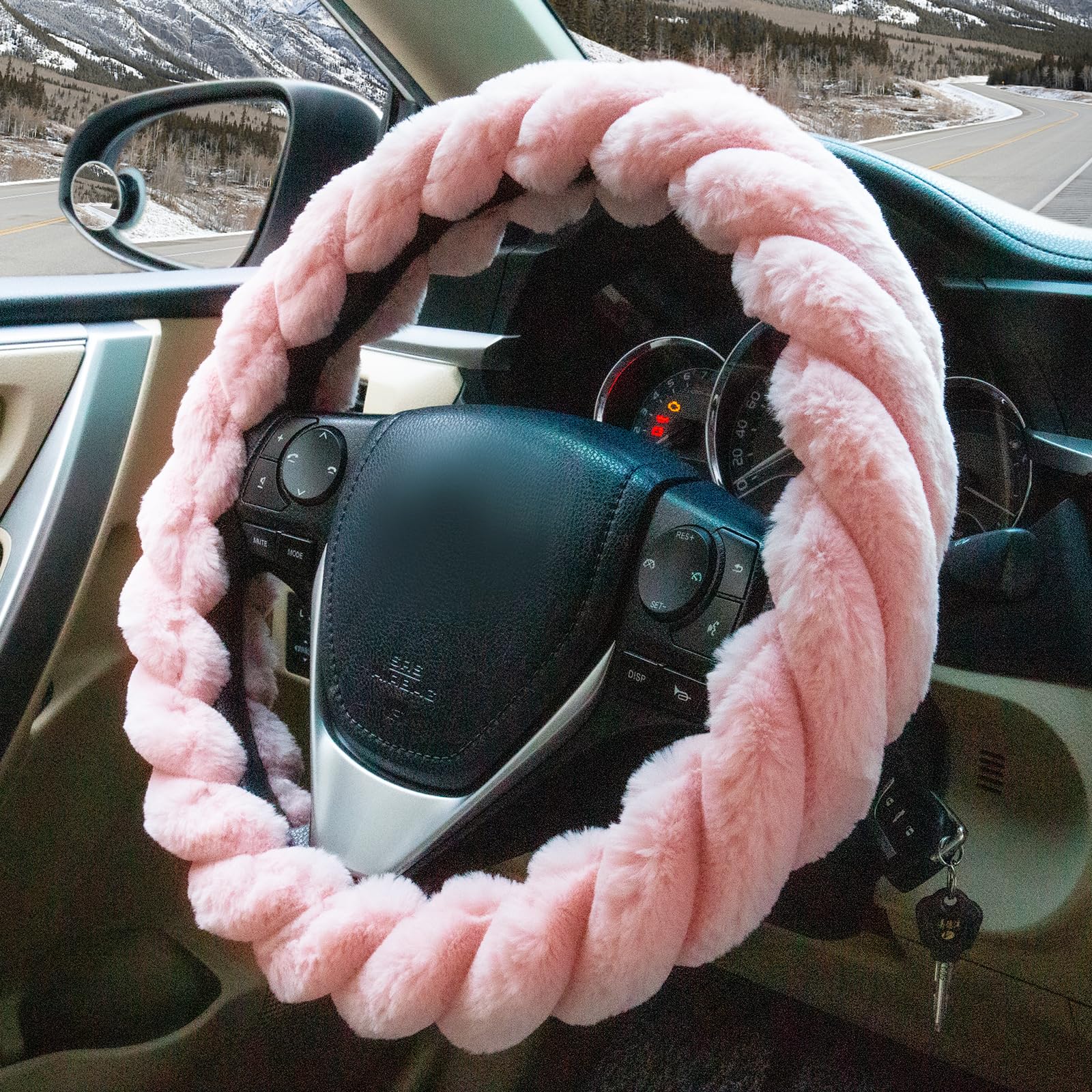 Evankin Pink Fluffy Car Steering Wheel Cover - Universal, Soft Plush Protector for 14-14.8 inch Wheels, Cute and Girly Design for Women, Anti-Slip,