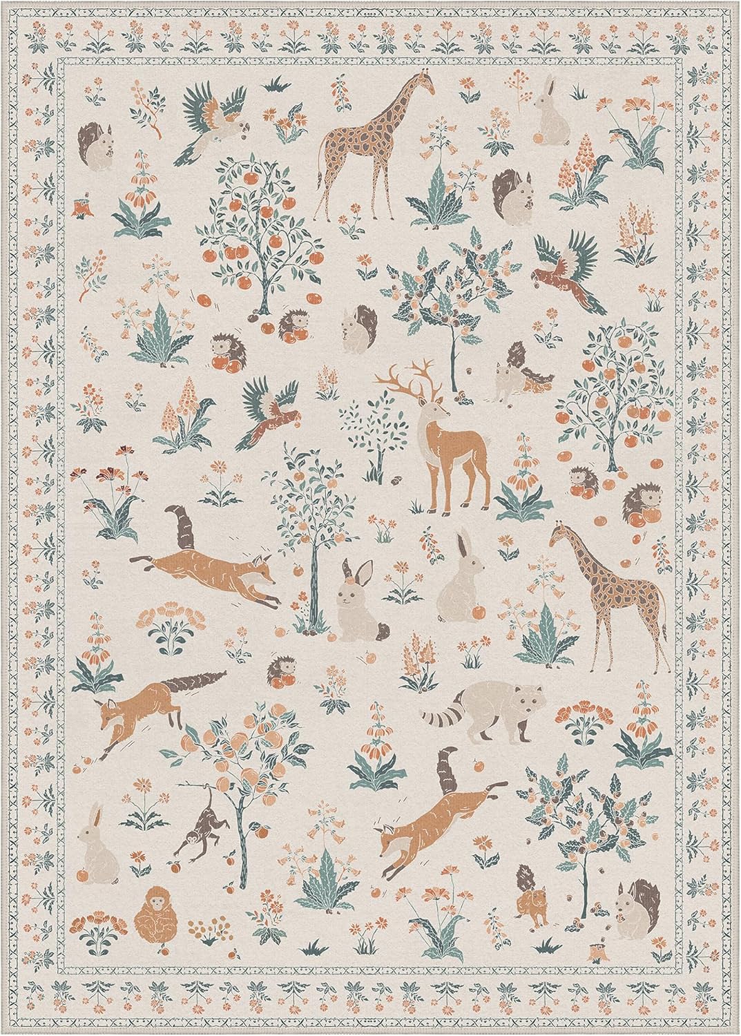 BESBLEE 5X7 Area Rug for Bedroom, Washable Animal Non Slip | Beige Woodland Floral Rug, Soft Non-Shedding Lightweight Easy Care Playroom Rug for Living Room and Dining Room