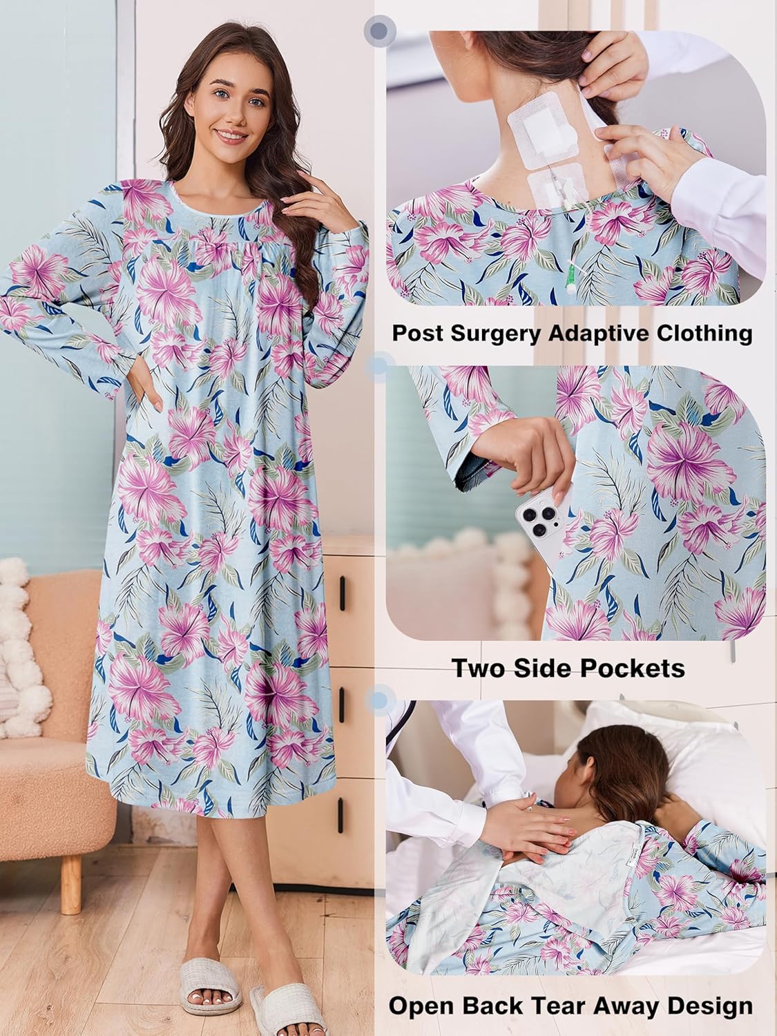 Deyeek Hospital Gowns for Women Tear Away Snap Open Back Dress Long Sleeve Post Surgery Adaptive Nightgown with Pockets - Image 3