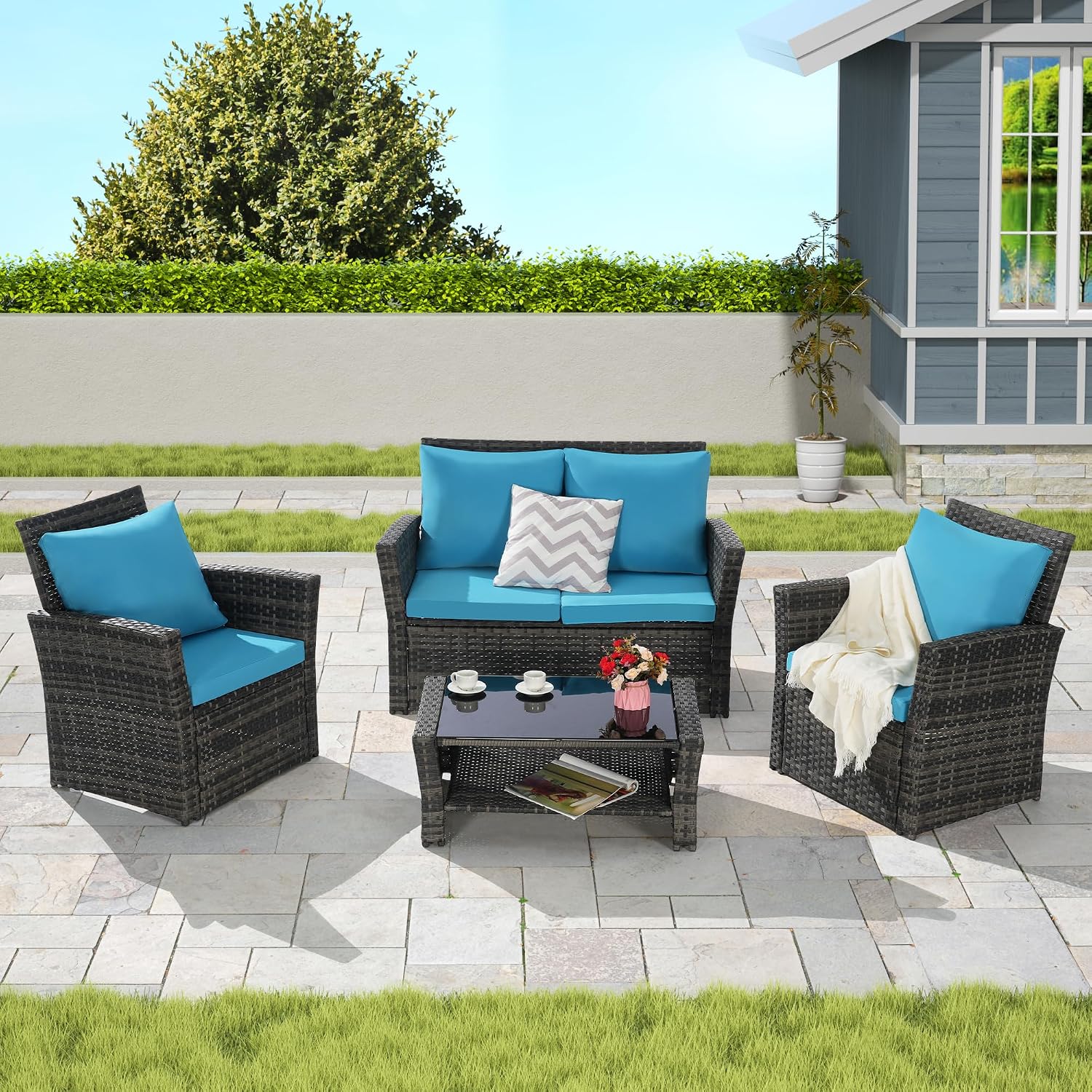 Patio Furniture Set with Small Outdoor Table, Durable All-Weather Wicker, Breathable Polyester Cushions, Machine Washable, Patio Bar Set w/ Sillas para Balcon, Sillas para Patio Exterior (Light Blue)