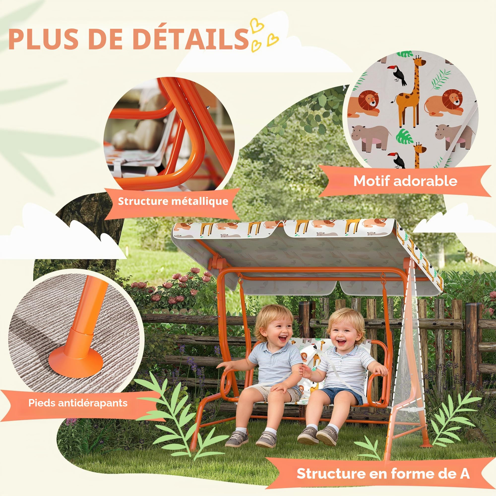 AIYAPLAY Balançoire pour enfants, banc à bascule 2 places avec auvent réglable, ceintures de sécurité, pour l'intérieur et l'extérieur, pour le jardin, la terrasse, la salle de jeux, orange