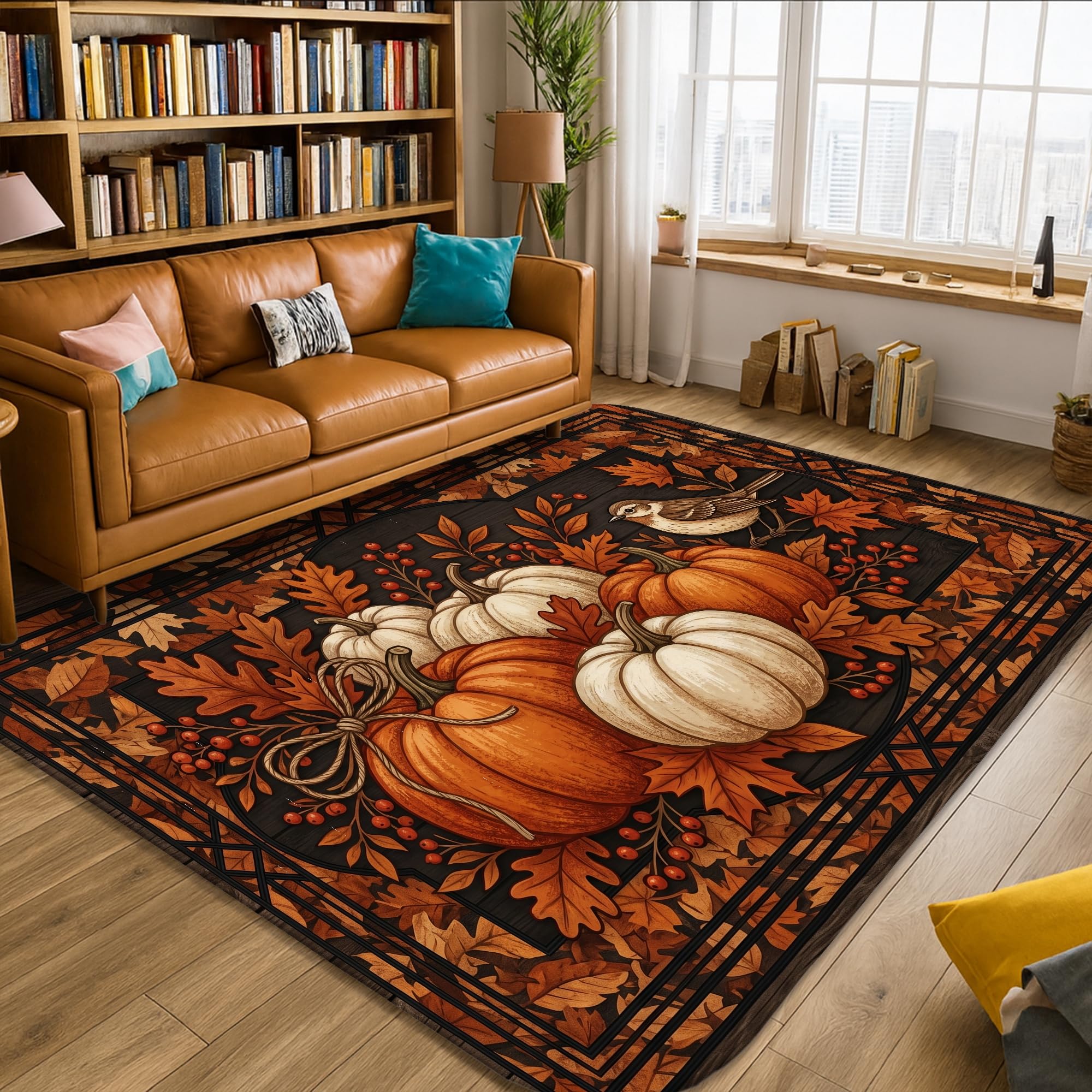 Alfombra rústica tradicional con diseño de calabazas, hojas, pájaros, otoño, naranja, antideslizante, suave, rectangular, resistente a las manchas, para sala de estar, dormitorio, aula, decoración de