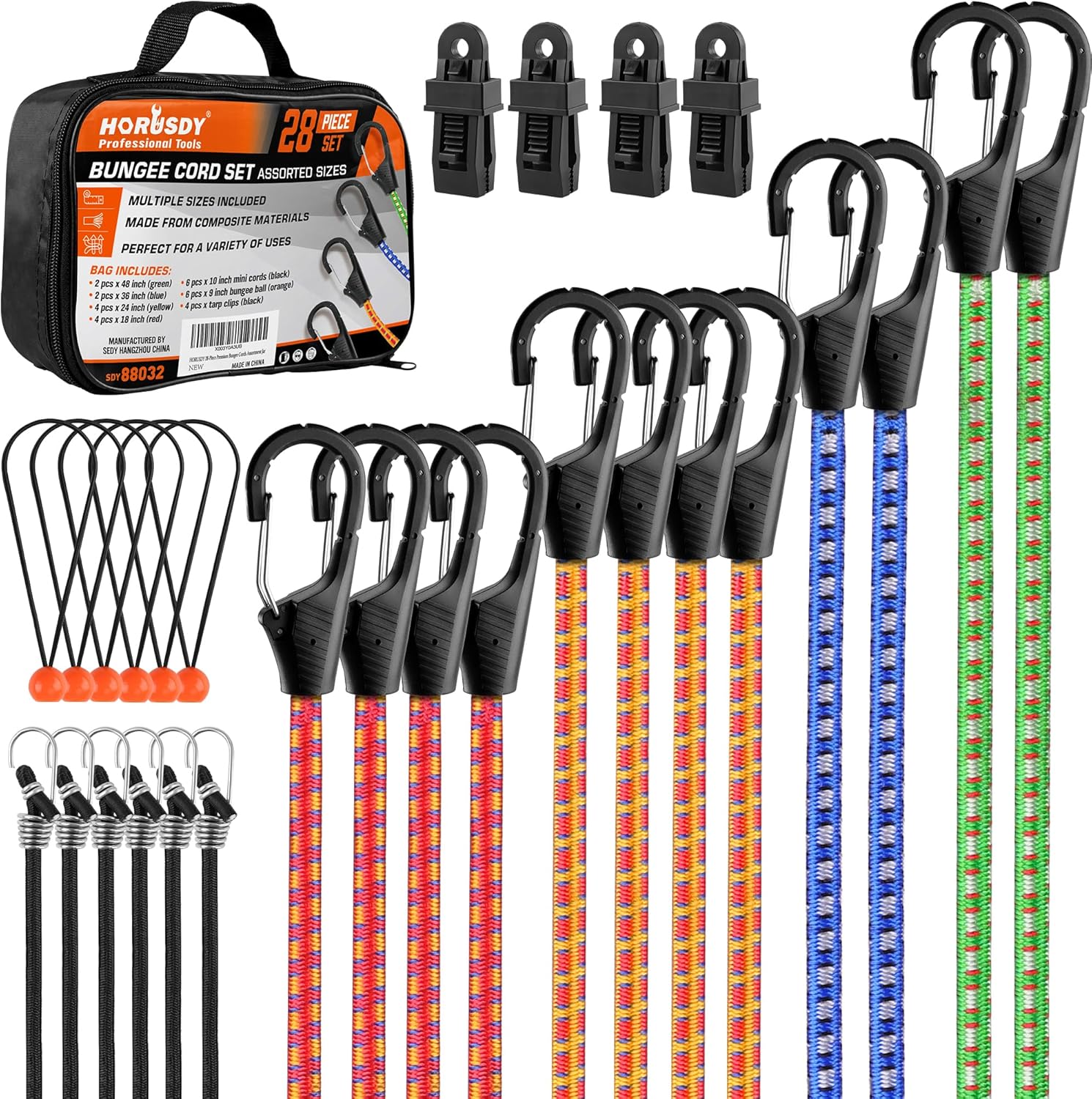 HORUSDY 28Piece Premium Bungee Cords with Hooks, Includes 10”, 18”, 24