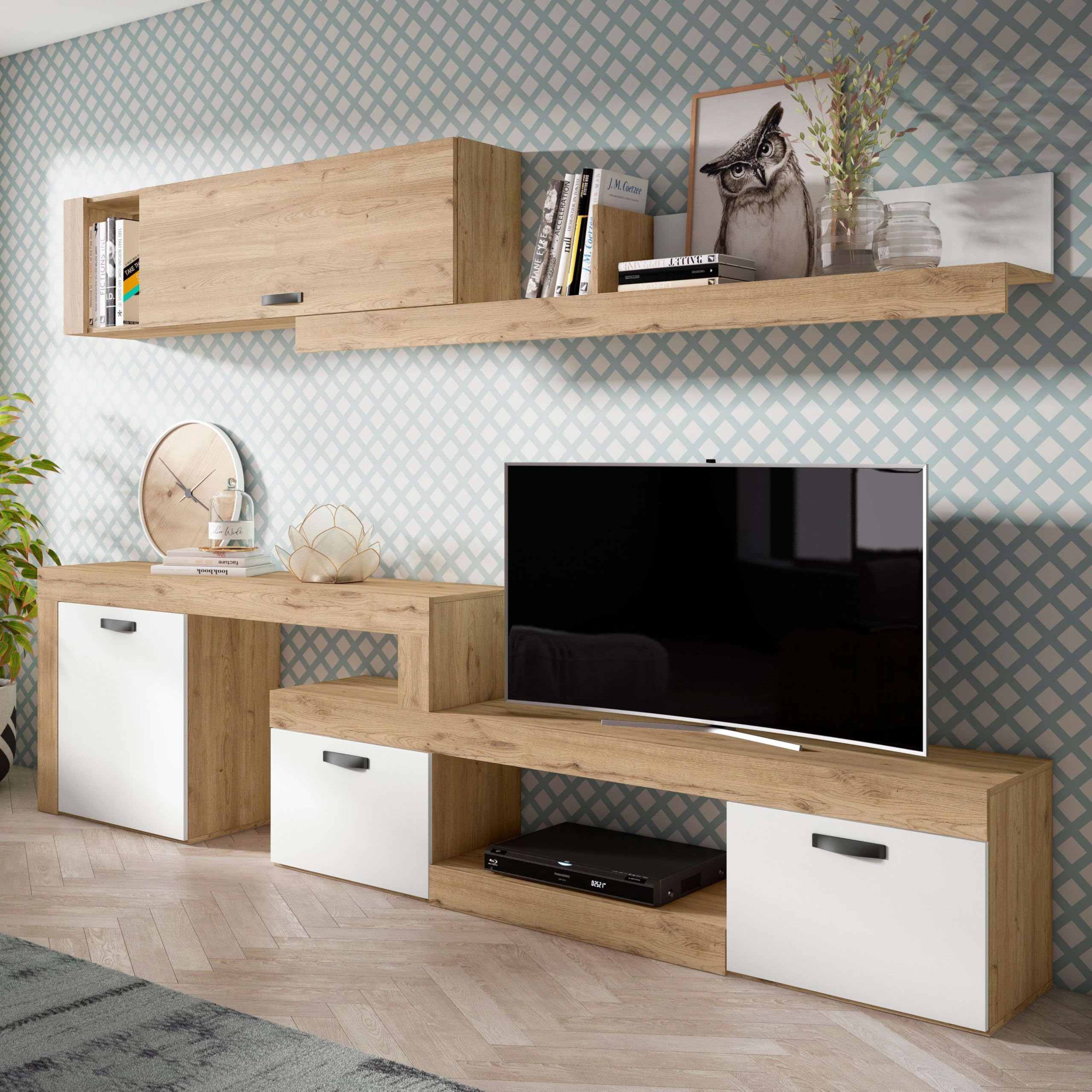 Mueble Salón Modular Rinconero Conjunto Completo Mueble TV Argos 4 Módulos Blanco Mate y Roble Naturale 293x200x40 cm