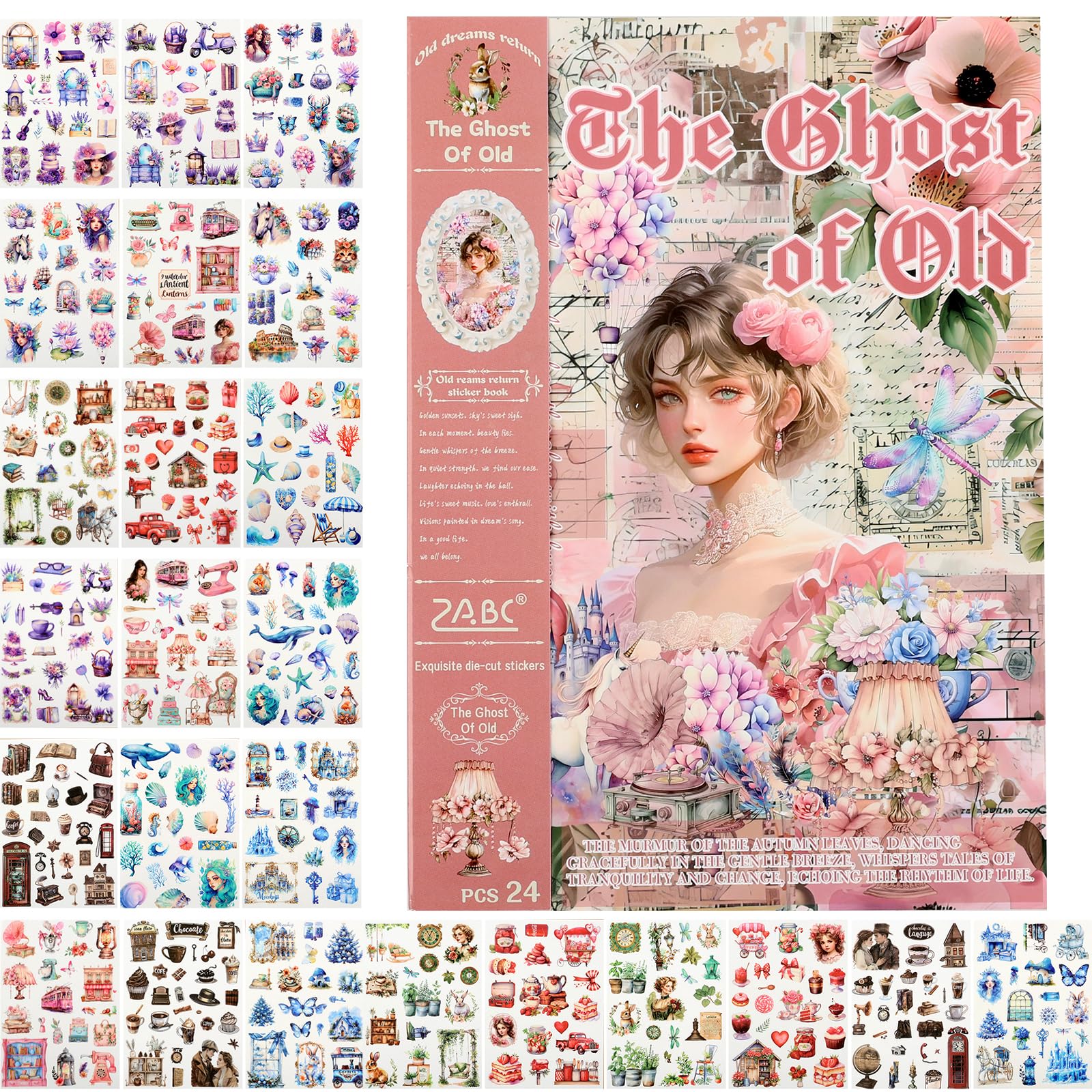 Naklejki w stylu vintage, 24 arkusze, 480, wstępnie wycięte naklejki, fantazyjne naklejki Washi, naklejki do dziennika, naklejki dla dorosłych, artykuły do scrapbookingu