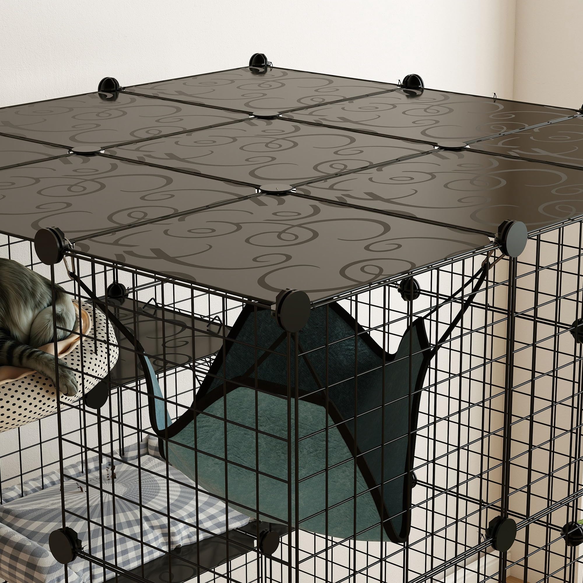 PawHut Jaula Grande para Gatos Interior de 4 Niveles con 5 Puertas, 3 Plataformas de Salto y 3 Rampas, Hamaca, Recinto y Parque para Mascotas, 105x105x140 cm, Negro