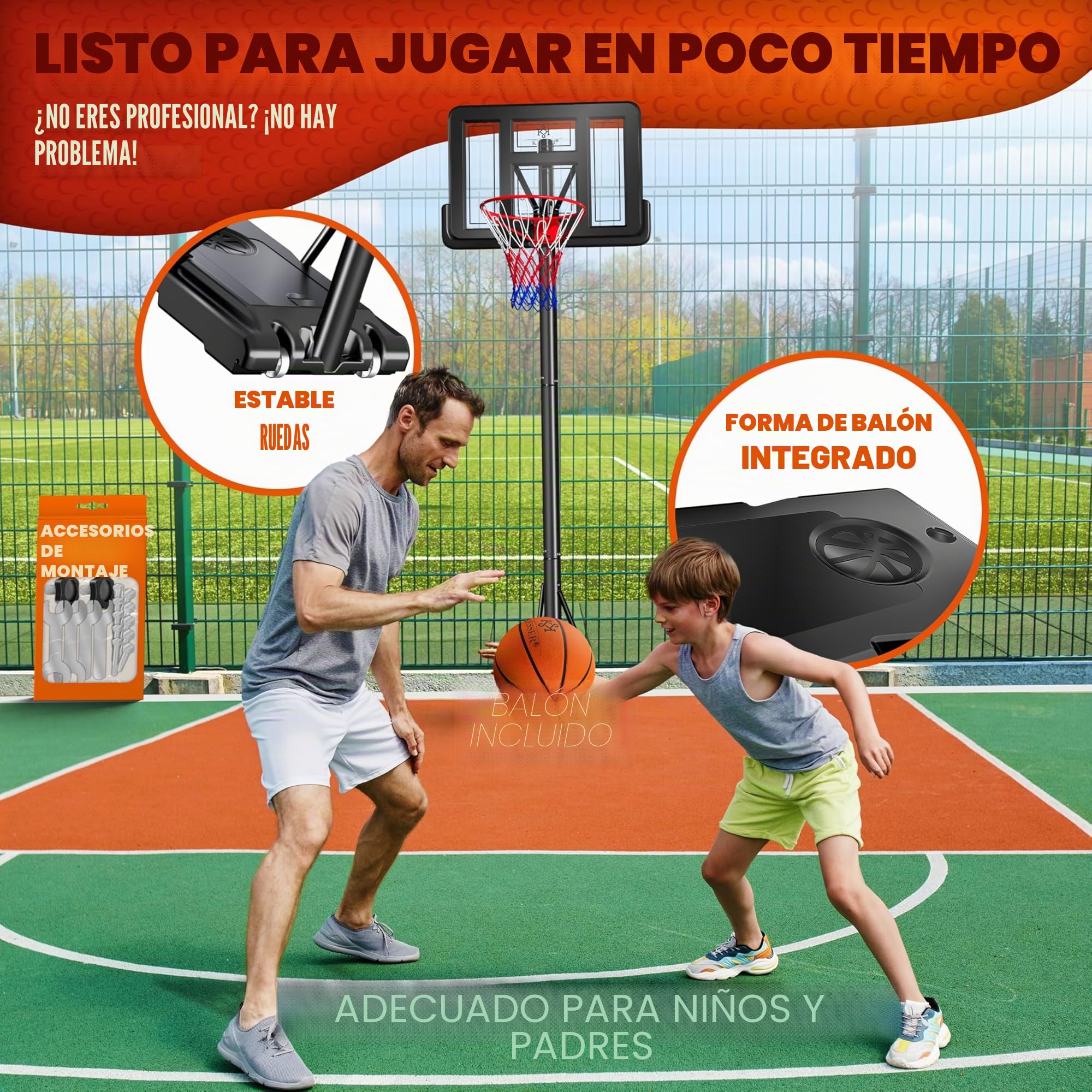KESSER Canasta de Baloncesto Premium 230-305 cm Altura Regulable Base Ruedas Balón Inflador