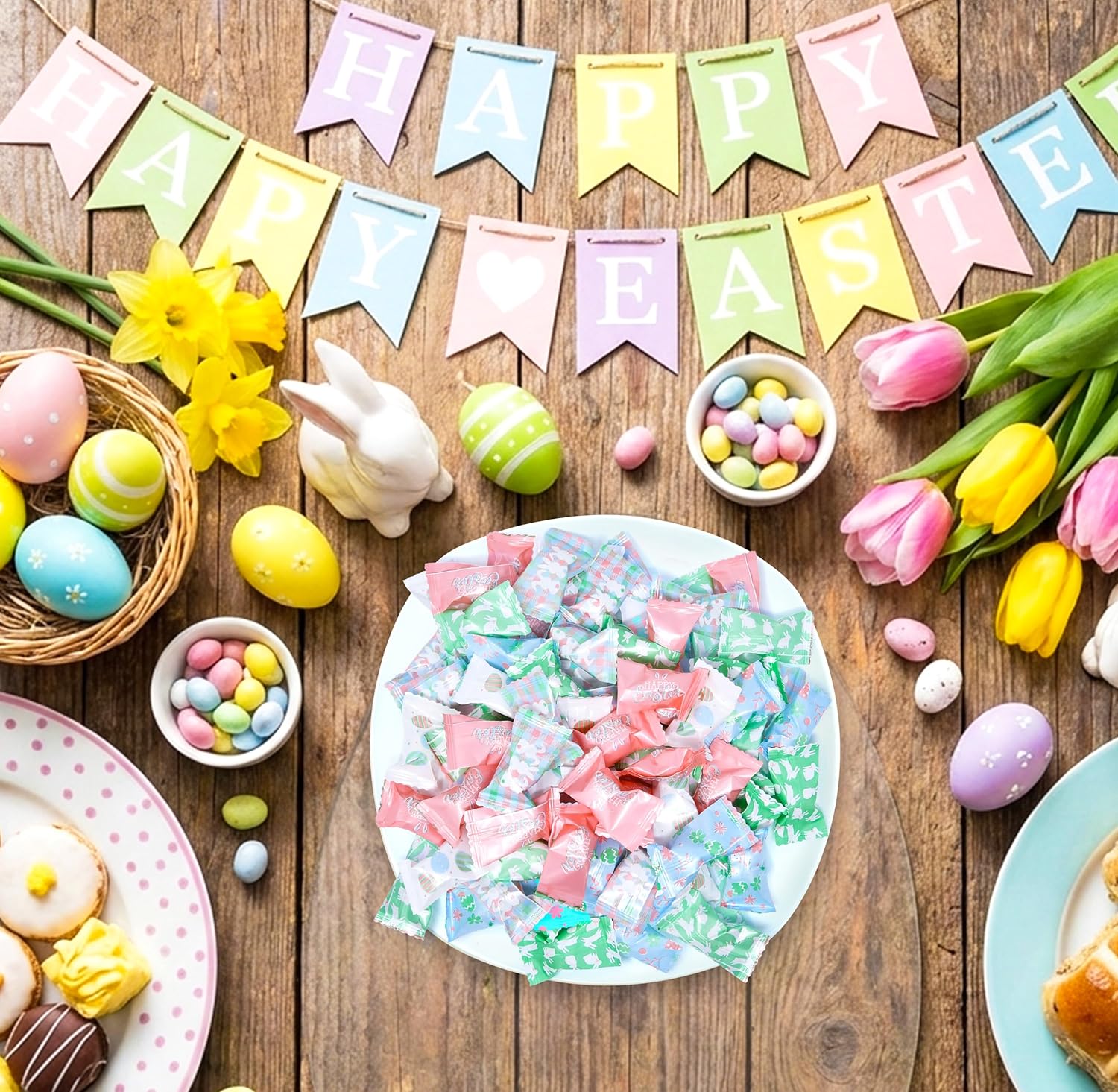 Gift Boutique Happy Easter Butter Mints Candy Bags 100 Count Egg Bunny Mint Candies 13 Oz (368 g) Individually Wrapped Bunnies Buttercream Pink Yellow Blue White Wedding Sweets Party Favor Supplies