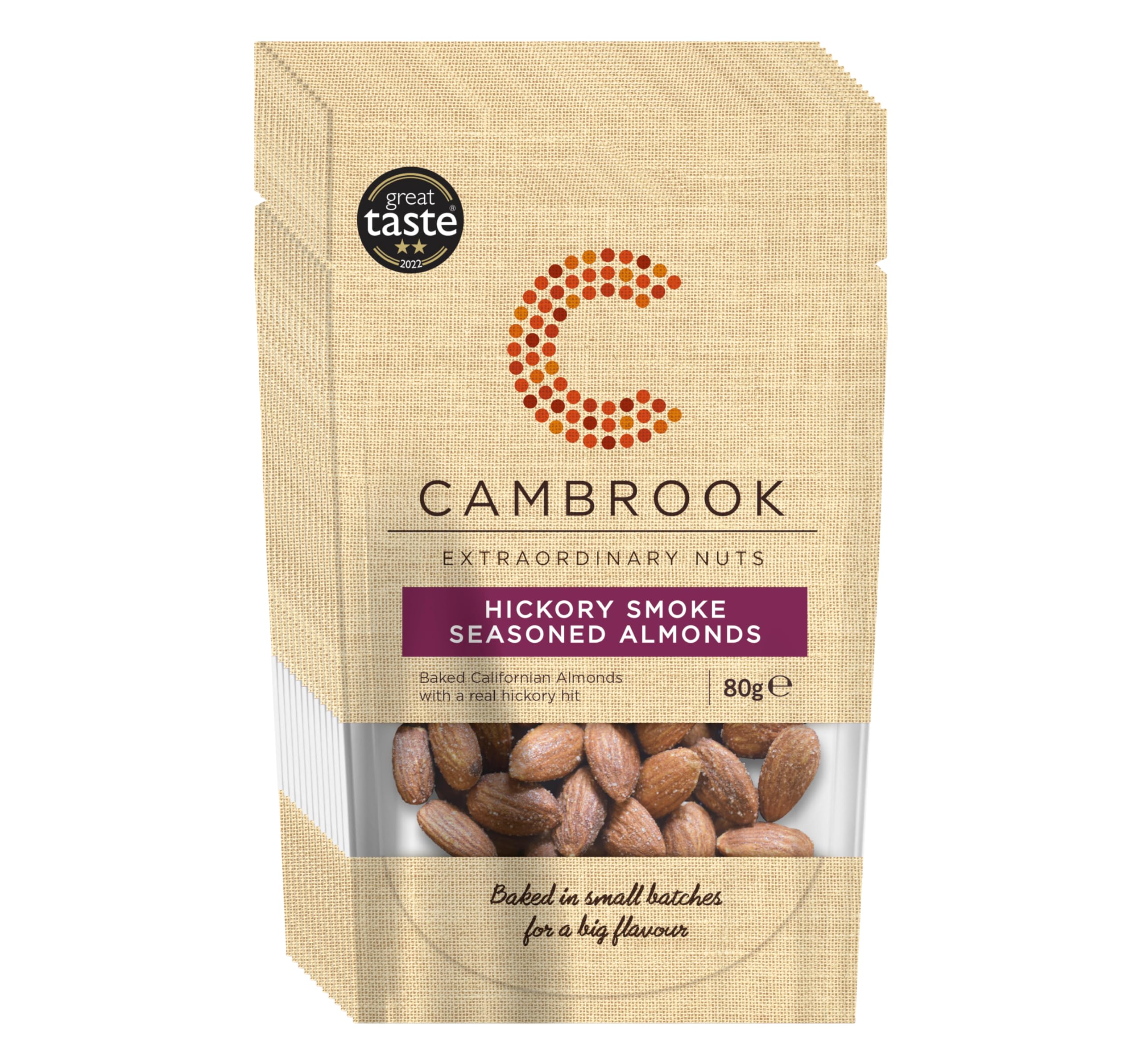 Cambrook - Hickory Smoke Seasoned Almonds, 80g Bags, Pack of 12