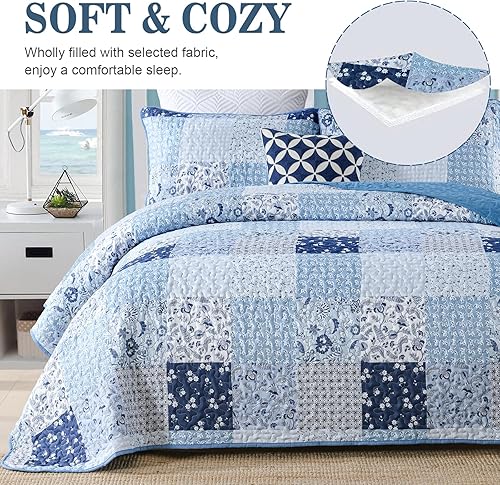 Miniatura 3 de Juego de edredón azul bohemio, tamaño Queen, colcha floral de retazos, juego de edredón reversible de microfibra suave, juego de cama de jardín para