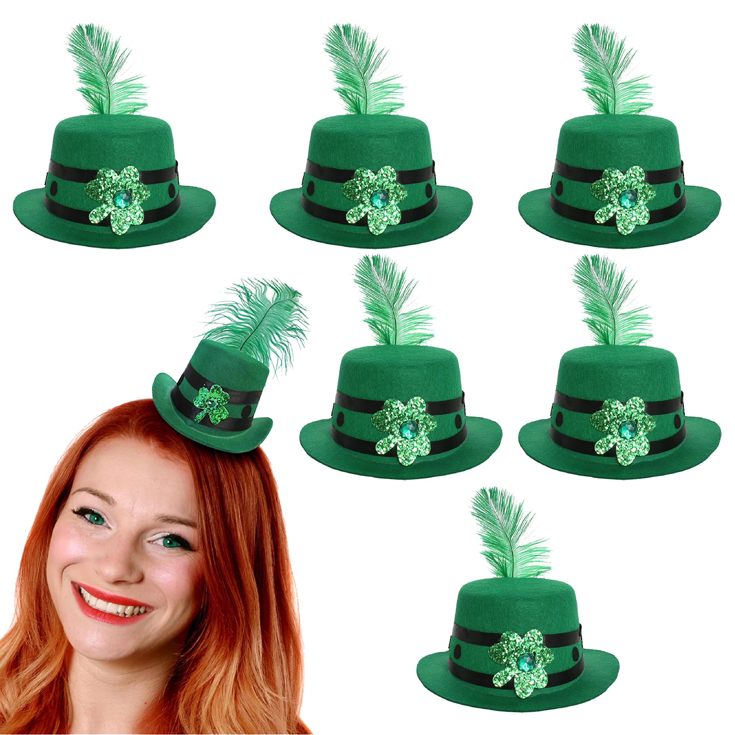 I LOVE FANCY DRESS Mini Irish Hat With Feather - Green Fascinator Hat With Clover and Ribbon Decorations Plus Large Green Feather - Perfect Saint Patricks Day Costume Accessory - Pack Of 6