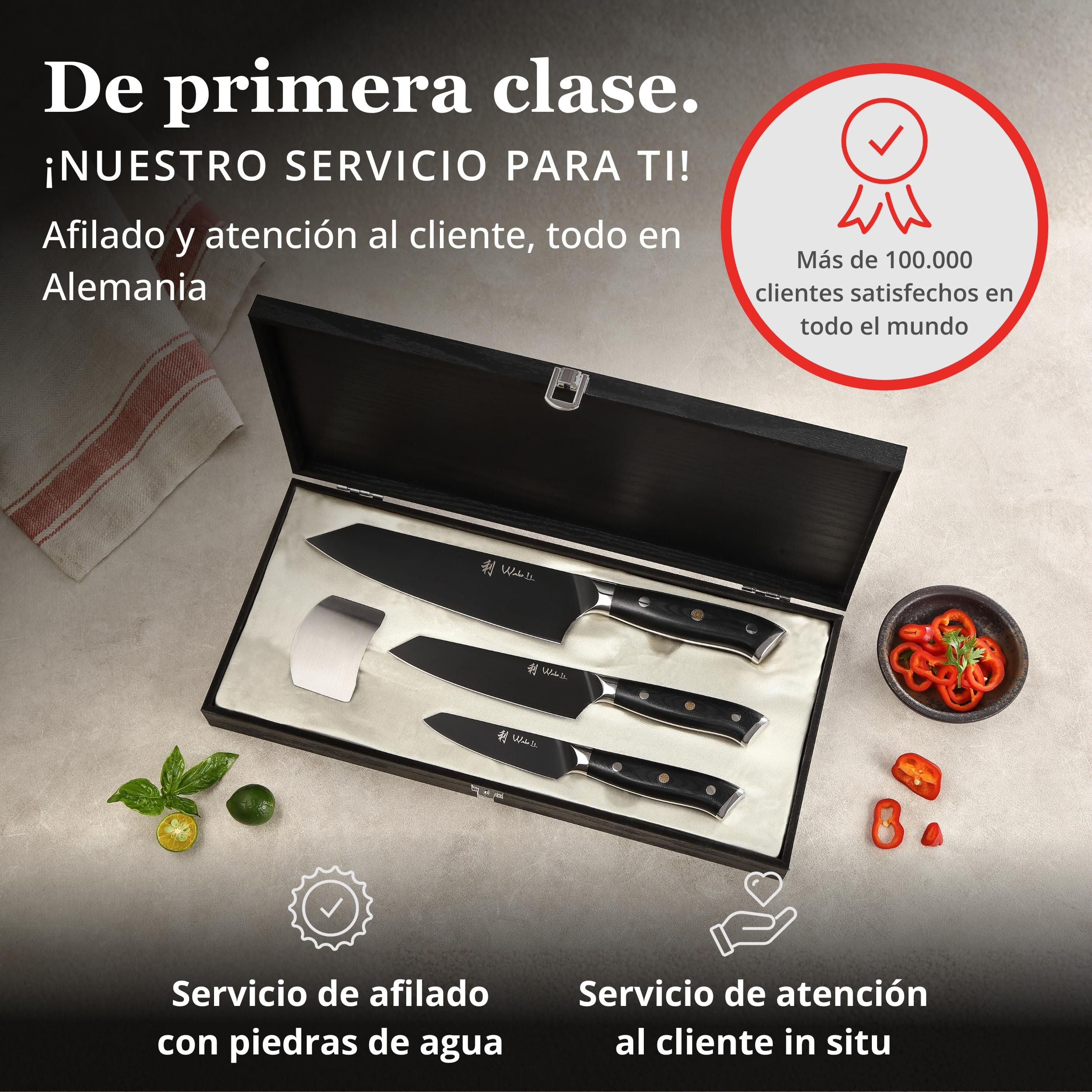 Wakoli Titanium Noir - Juego de cuchillos (3 piezas, acero inoxidable, revestimiento de titanio) | Con Kiritsuke, pequeño Kiritsuke y cuchillo de oficina, mangos G10, 55 ± 1 HRC y doble cara de 15 V en caja de madera