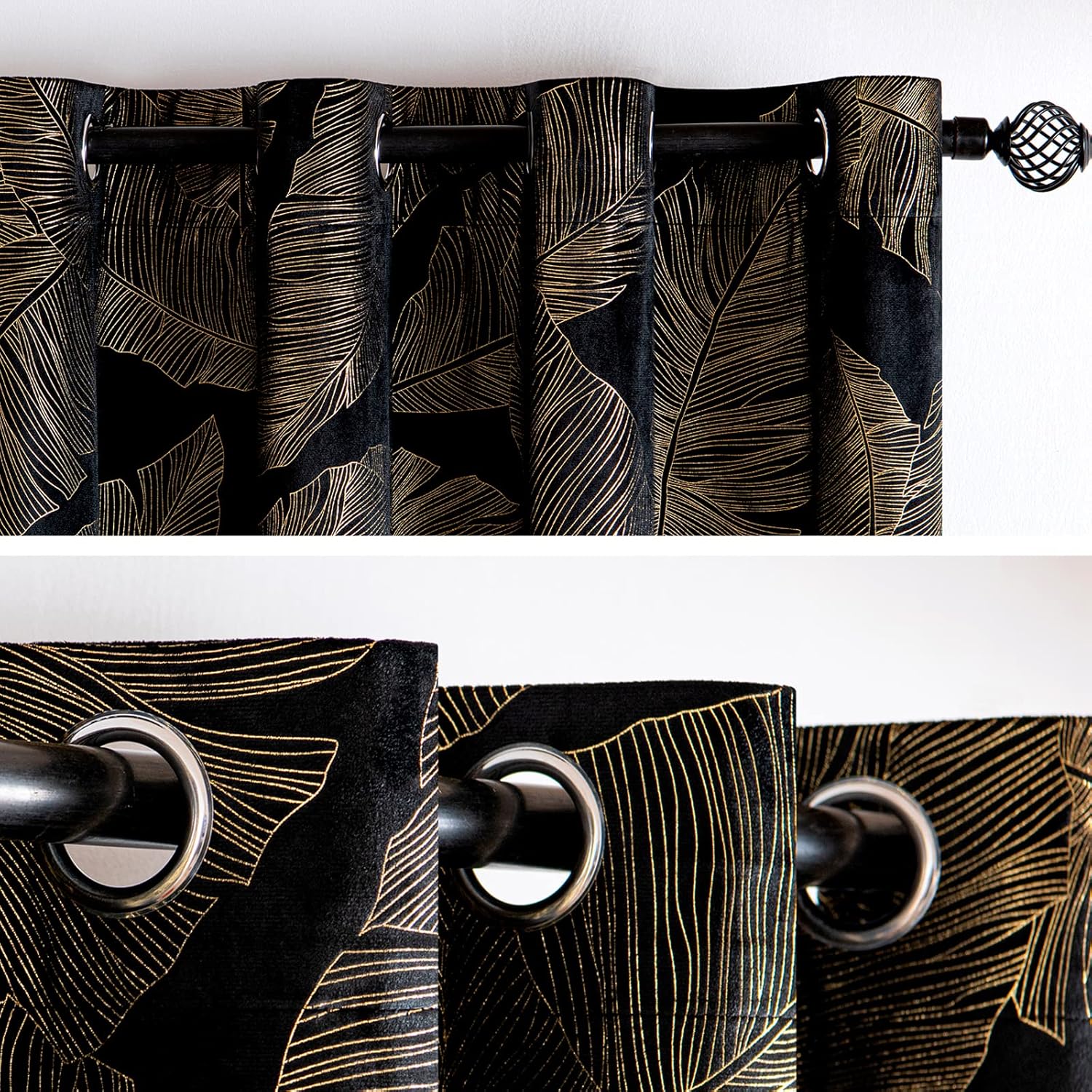 MIULEE Black Velvet Blackout Curtains 84 Inches Long 2 Panels Set, Gold Leaf Patterned Printed Curtains for Bedroom Living Room Soft Room Darkening Thermal Insulated Grommet Luxury Window Drapes