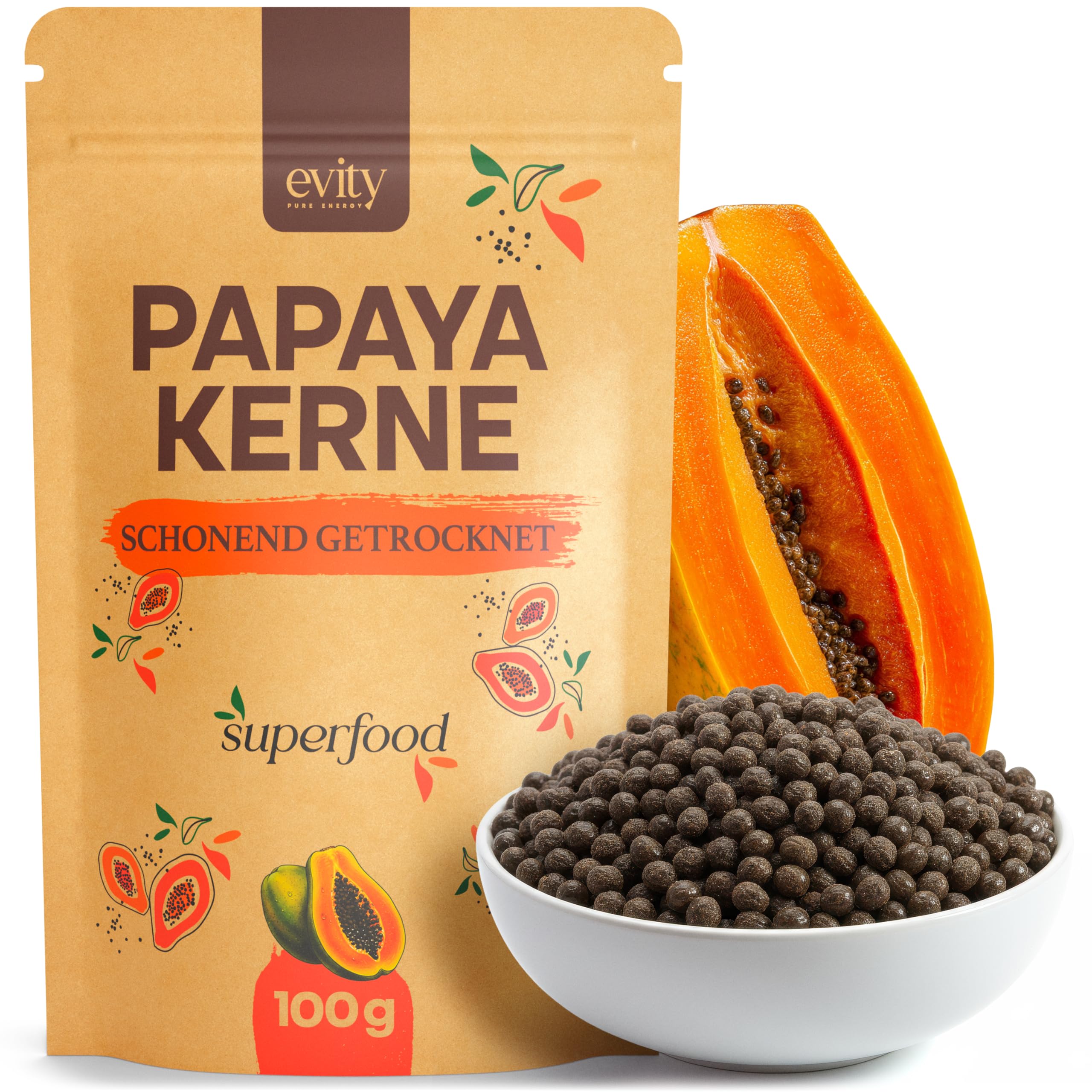 Evity Papayakerne [100 g] natürlich vegan - schonend getrocknete Papaya Kerne, Superfood mit hohem Papain und Carpain Gehalt, ohne Zusätze & Laborgeprüft in Deutschland