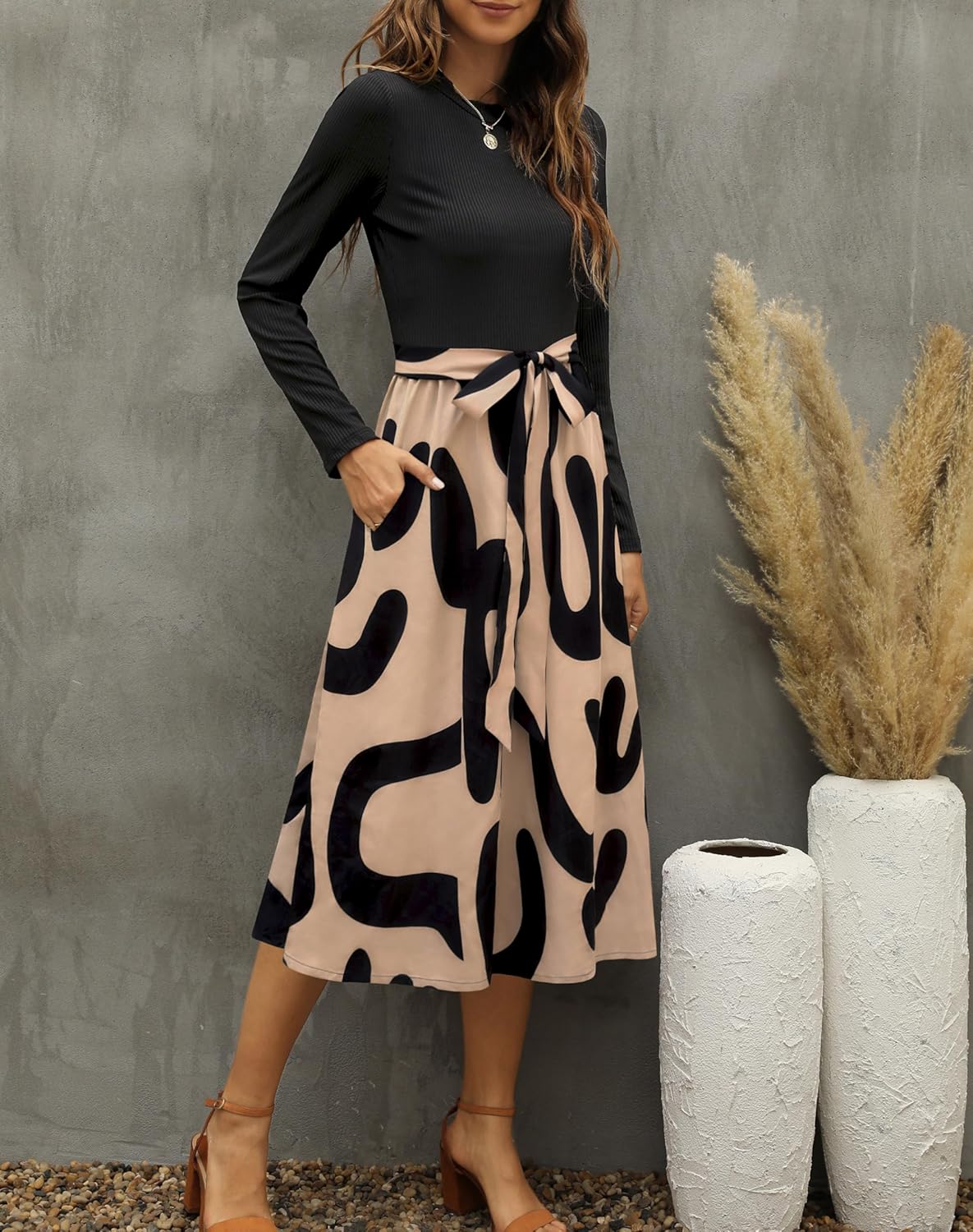 Zattcas Women 2026 Spring Dress Long Sleeve Ribbed Teacher Church Modest Business Casual Work Outfits Midi Dress - Image 2