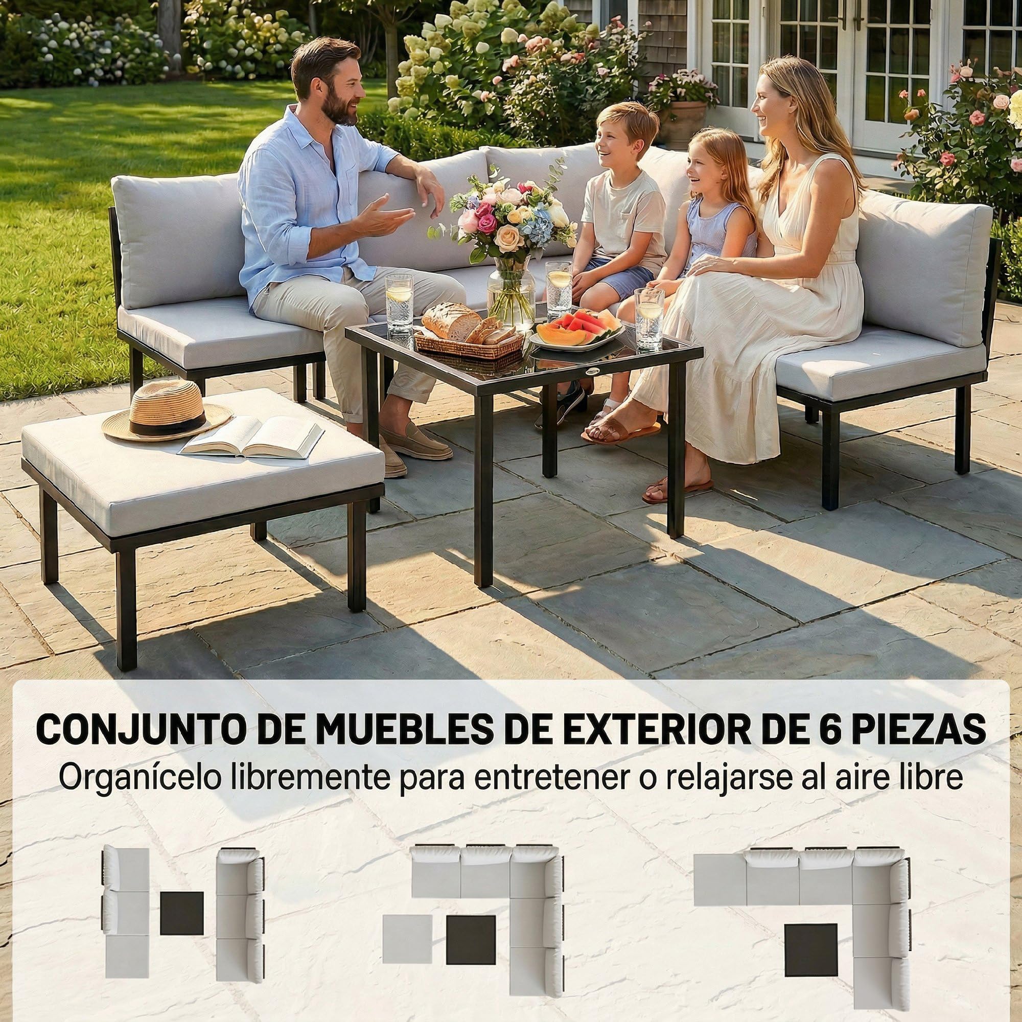 Outsunny Conjunto de Muebles Jardín Exterior 6 Piezas Sofá Gris Claro | Seccional Forma de L, Sofá de 2 Plazas, 2 Sillones, Reposapiés, Mesa con Tapa de Vidrio, Cojines, Módulo de Esquina