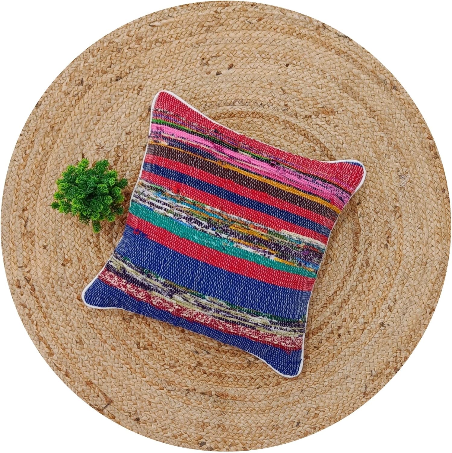 Trade Star Handloomed Couch Cushion Case Square Pillow Cover Decorative Chindi Rag Rug Throw Pillow Cover Bohemian Colourful Handmade Seating Pillow Cover for Home Decor 16x16 Inches