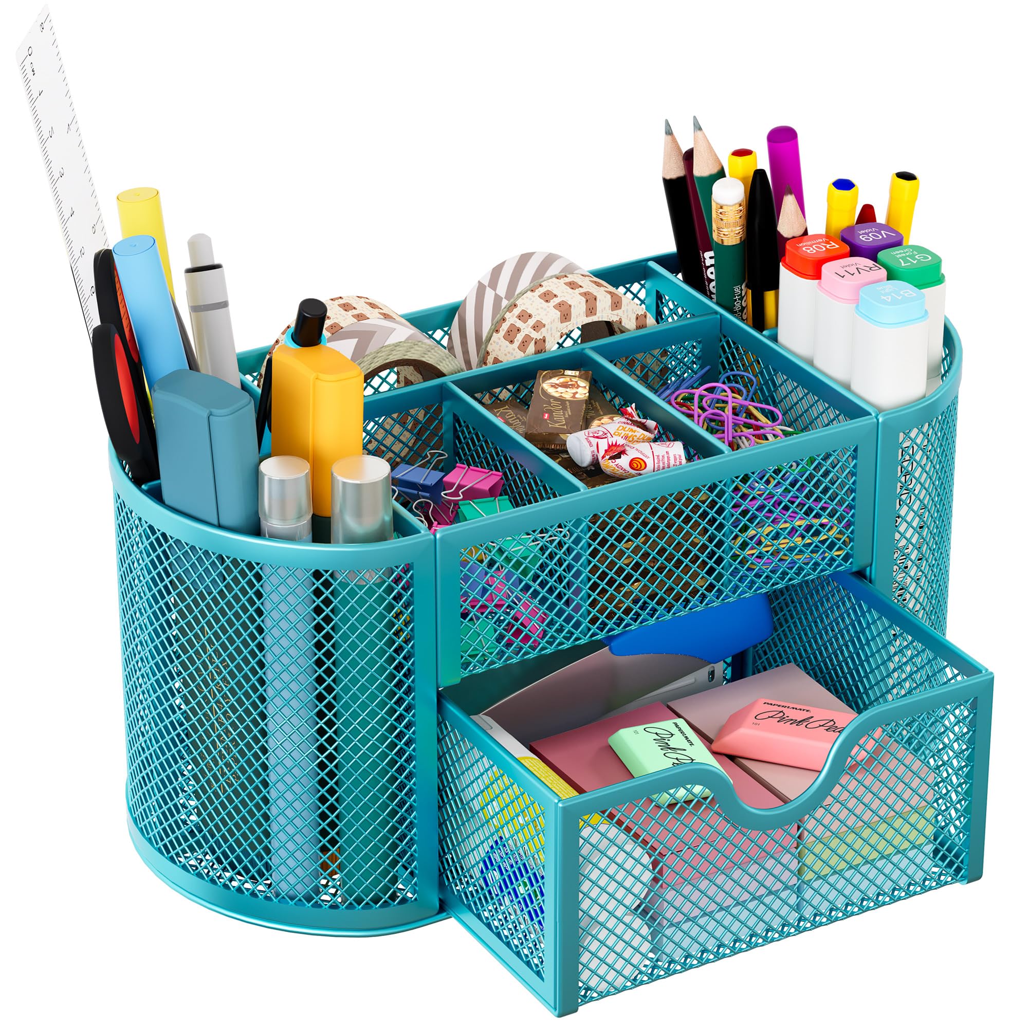 EasyPAG Mesh Pen Holder Desk Organizer with Drawer Stationery Supplies Organizer for Dorm School 9 Compartments Workspace Desk Accessories Organization for Office, Blue