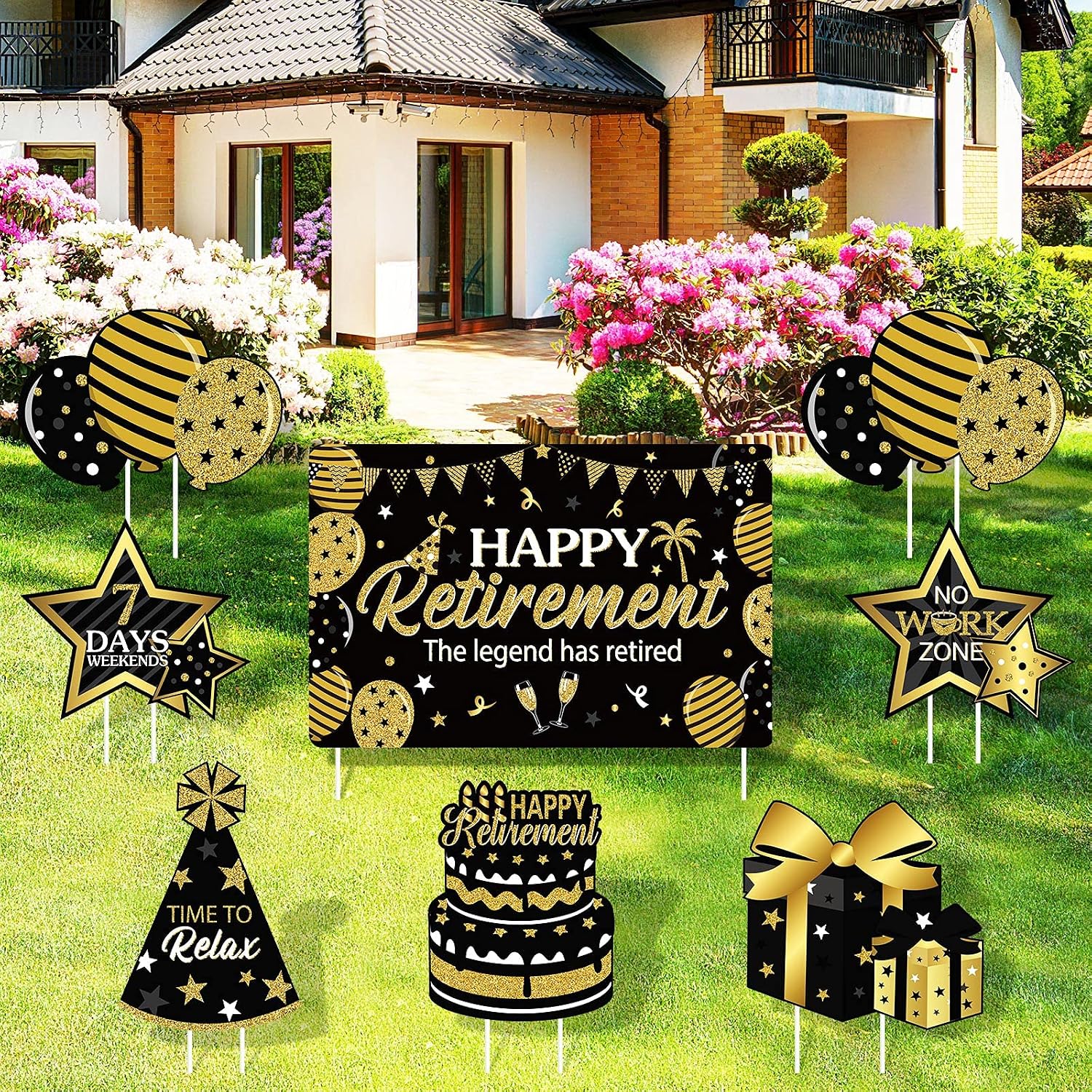 Yulejo 8 Pieces Retirement Yard Sign Decorations Happy Retirement Yard Signs Retirement lawn Sign with Stakes for Outdoor Retirement Party Supplies 16inch (Rose Gold and Black)