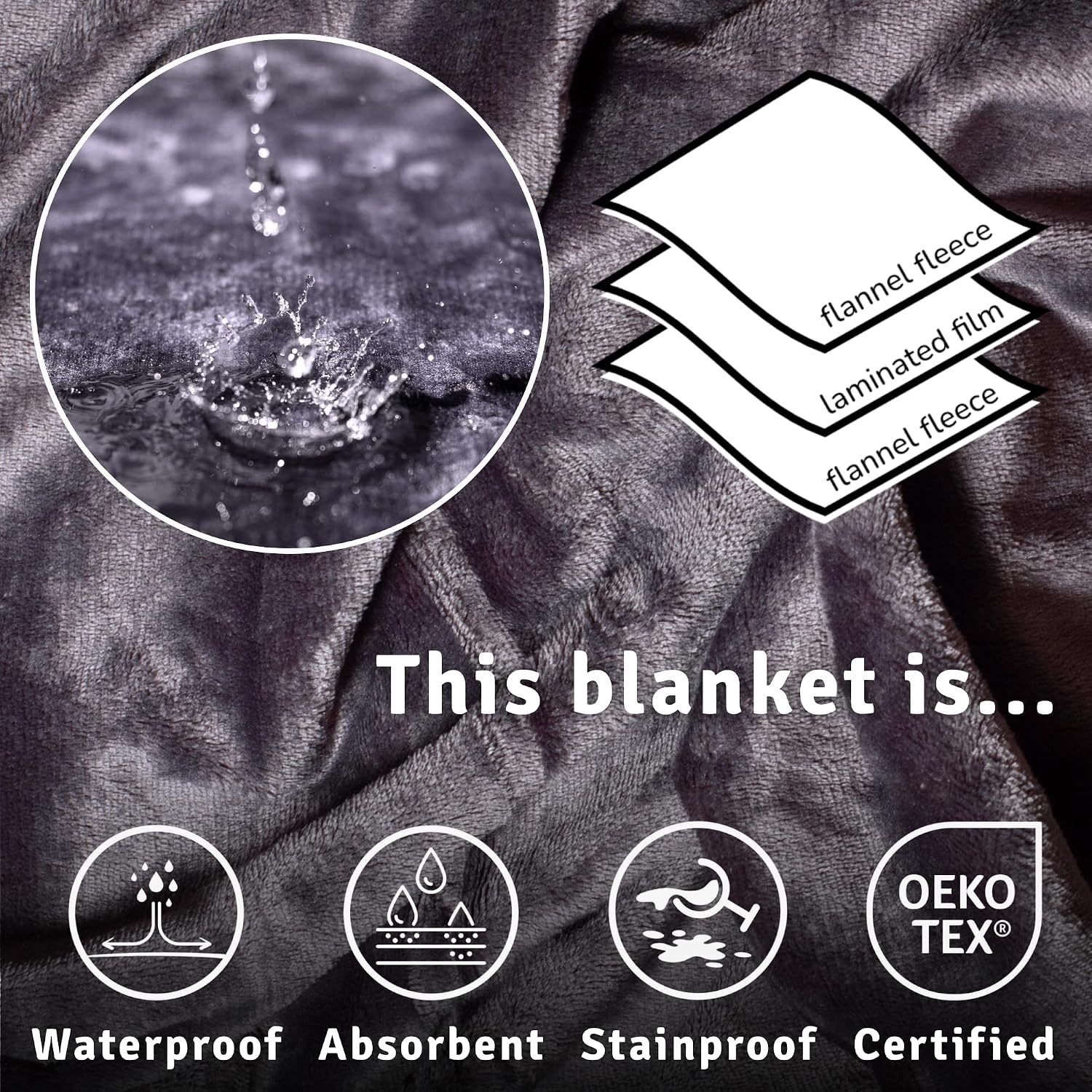 Velvety Waterproof Blanket for Bed, Dark Grey XXL 79 x 79 in, King and Queen Soft Adult Throw, Stain-Proof Washable Reversible Blanket