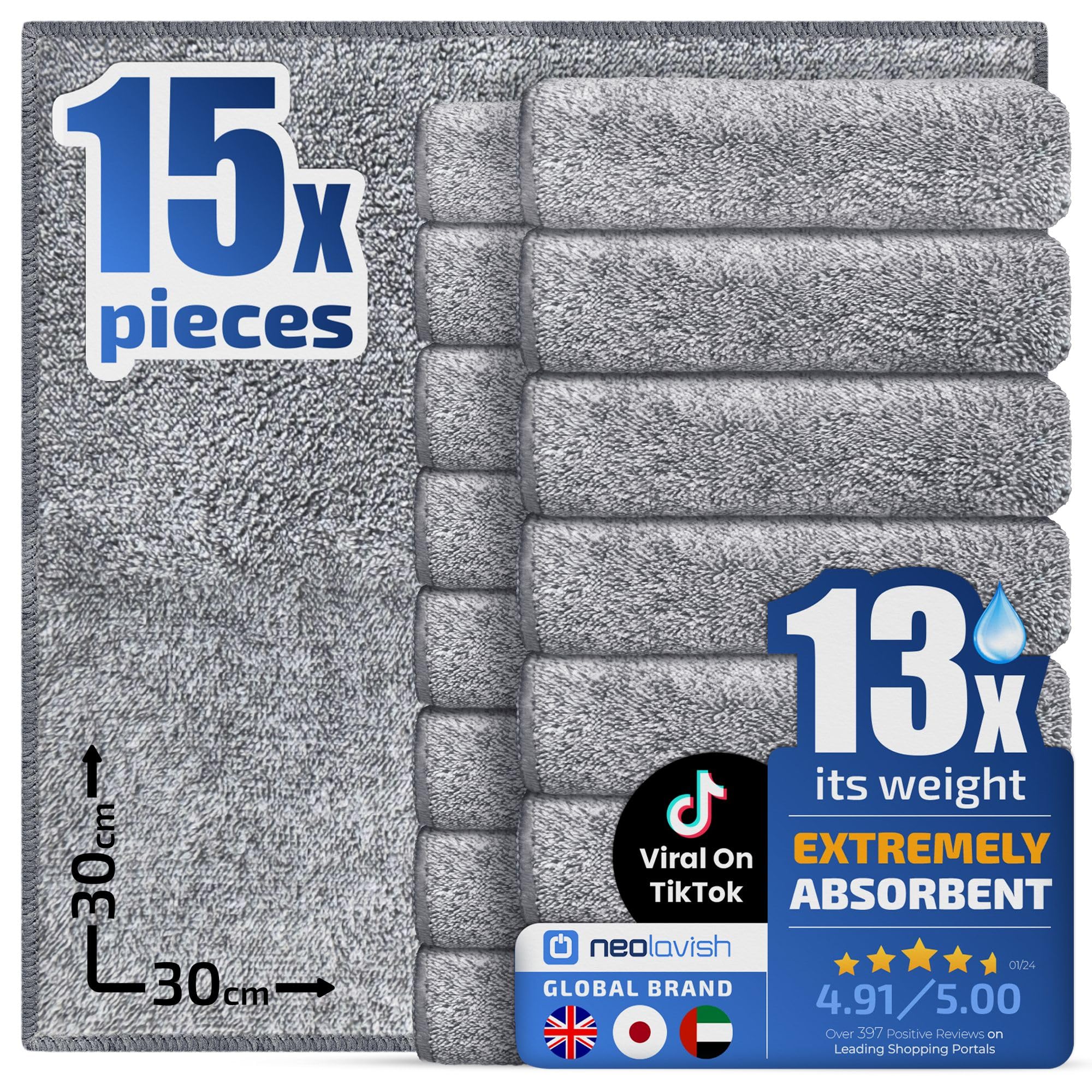 Neolavish® Microfiber Cleaning Cloth for Kitchen - Super Absorbent Dish Towels for Wiping & Drying | Lint-Free, 30x30cm 15-Pack