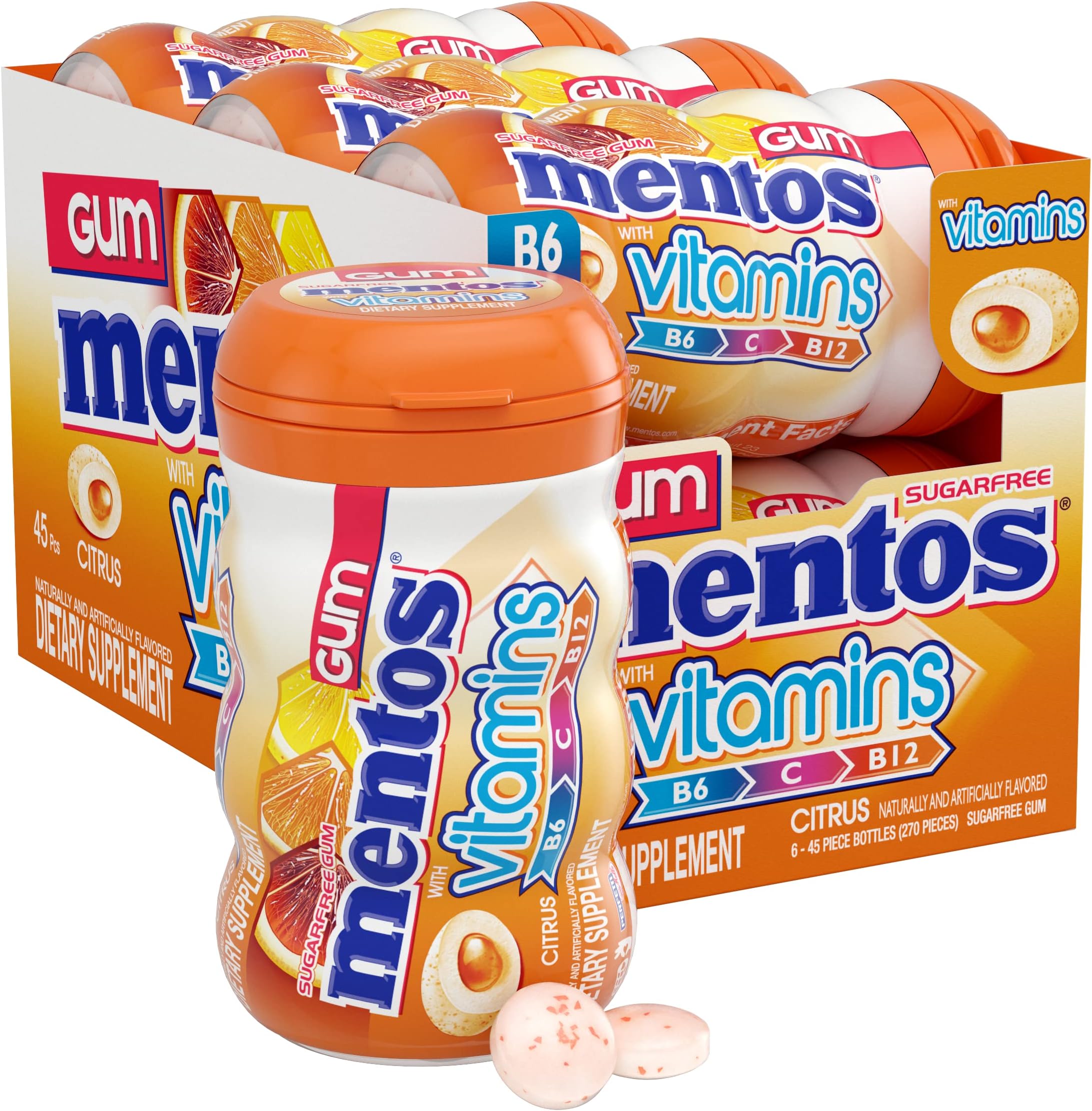 Gum with Vitamins, Holiday Sugar Free Chewing Gum with Xylitol, Christmas Stocking Stuffers for Adults & Kids, Citrus Flavor, Vitamins B6, B12 and C, Bottle of 45 (Bulk Pack of 6)