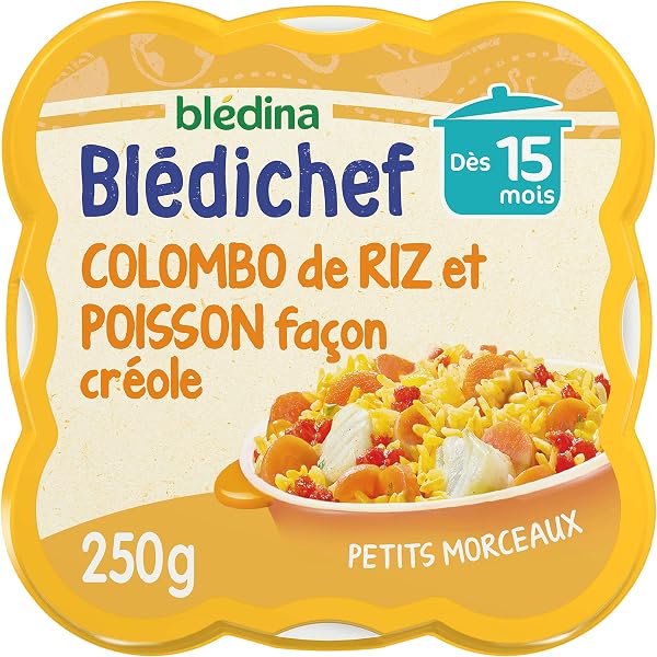 Blédina - Blédichef - Baby meal 15 months - Baby Colombo rice dish - Creole style fish - Small pieces - 100% natural ingredients - From 15 months - 1 plate of 250g - 1