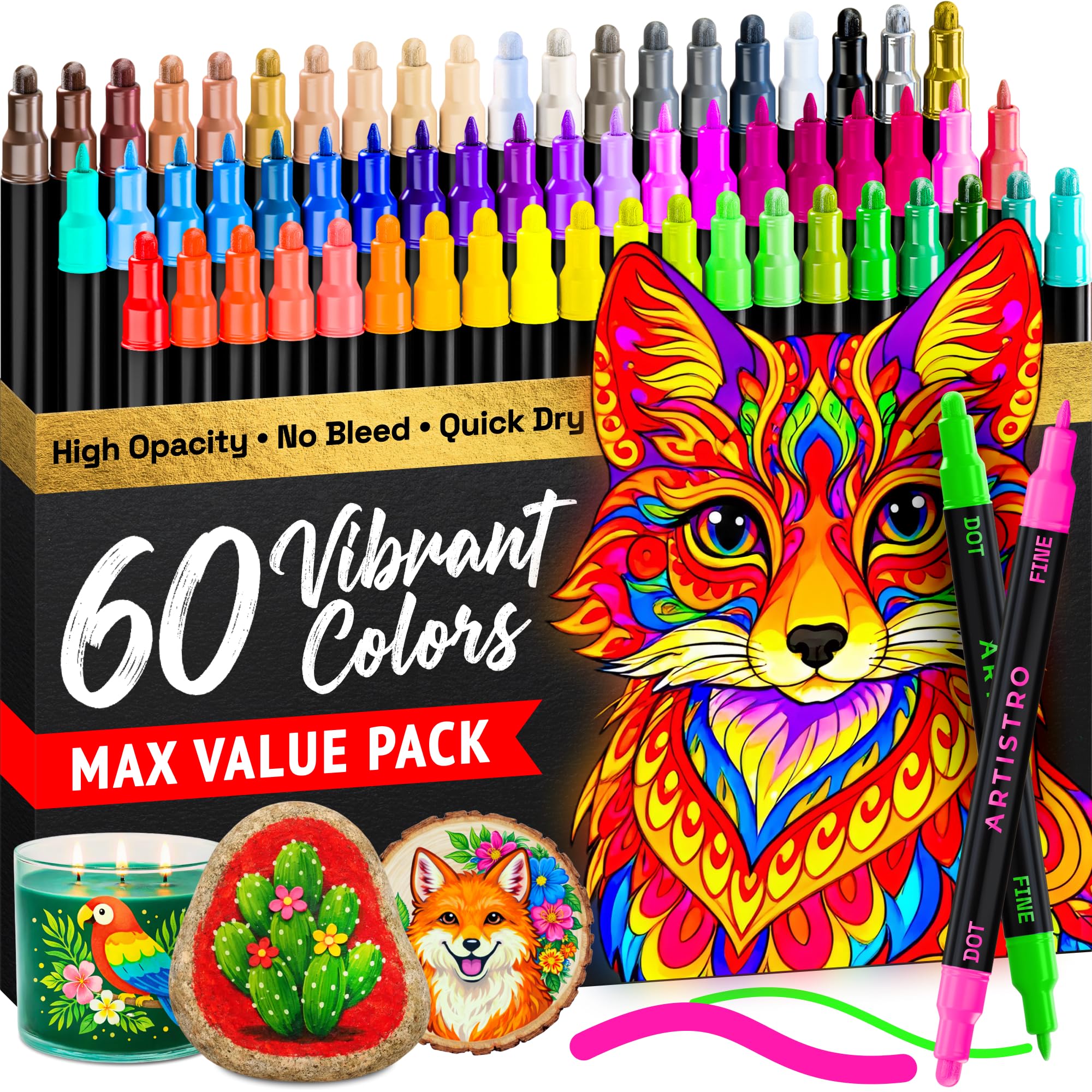 ARTISTRO 60 Multicolor Dual-Tip Acrylic Paint Marker Pens