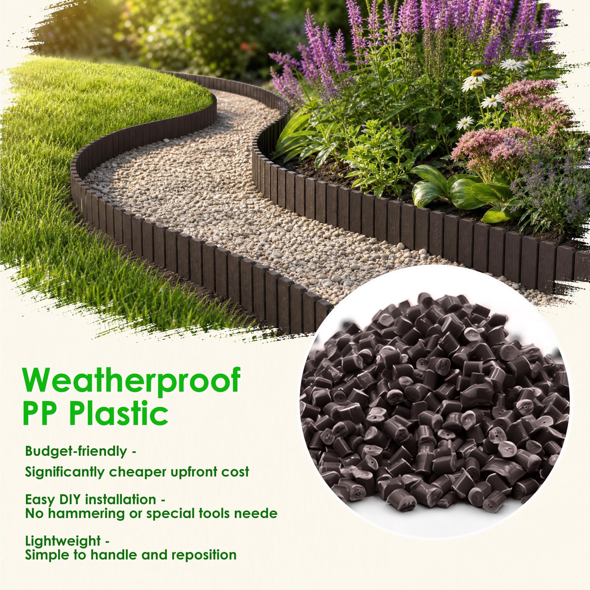 Lot de 12 bordure per prati in plastica - 57 x 23 cm - Bordura per aiuole da giardino con picco da 10,5 cm - Aspetto legno - Protezione contro le radici - Nastro per bordura del prato in