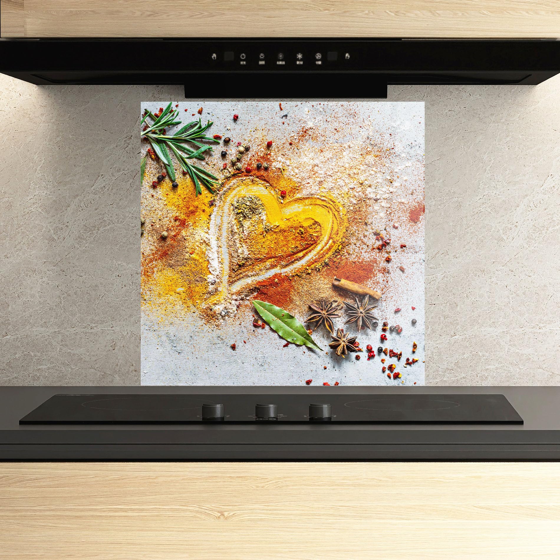 ARTHUB® Paraschizzi Cucina in Vetro temperato 60x60 cm, Heart Spice Powders | Protezione Contro Gli Schizzi, Protezione murale per fornelli, Vetro temperato, Alimenti, Spezie