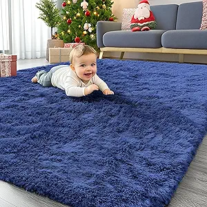 OLANLY Area Rugs for Living Room Bedroom, Machine Washable 4x5.9 ft Soft Fluffy Shaggy Bedside Rug, Indoor Floor Carpet for Kids Girls and Boys, Dorms, Nursery Rooms, Home Decor Aesthetic, Navy Blue