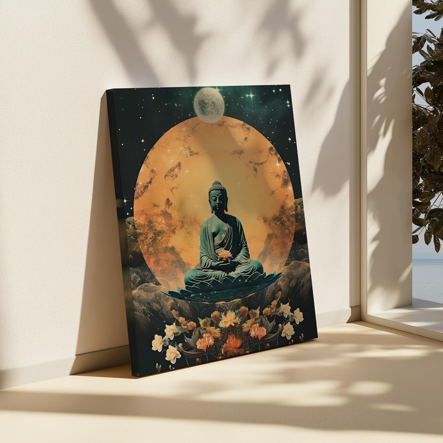Poster Master Buddha Canvas - Meditation Print - Trippy Art - Floral Gift for Men & Women - Surreal Moon Art - Aesthetic Wall Decor for Yoga Studio or Spa - 8x10 STRETCHED Canvas