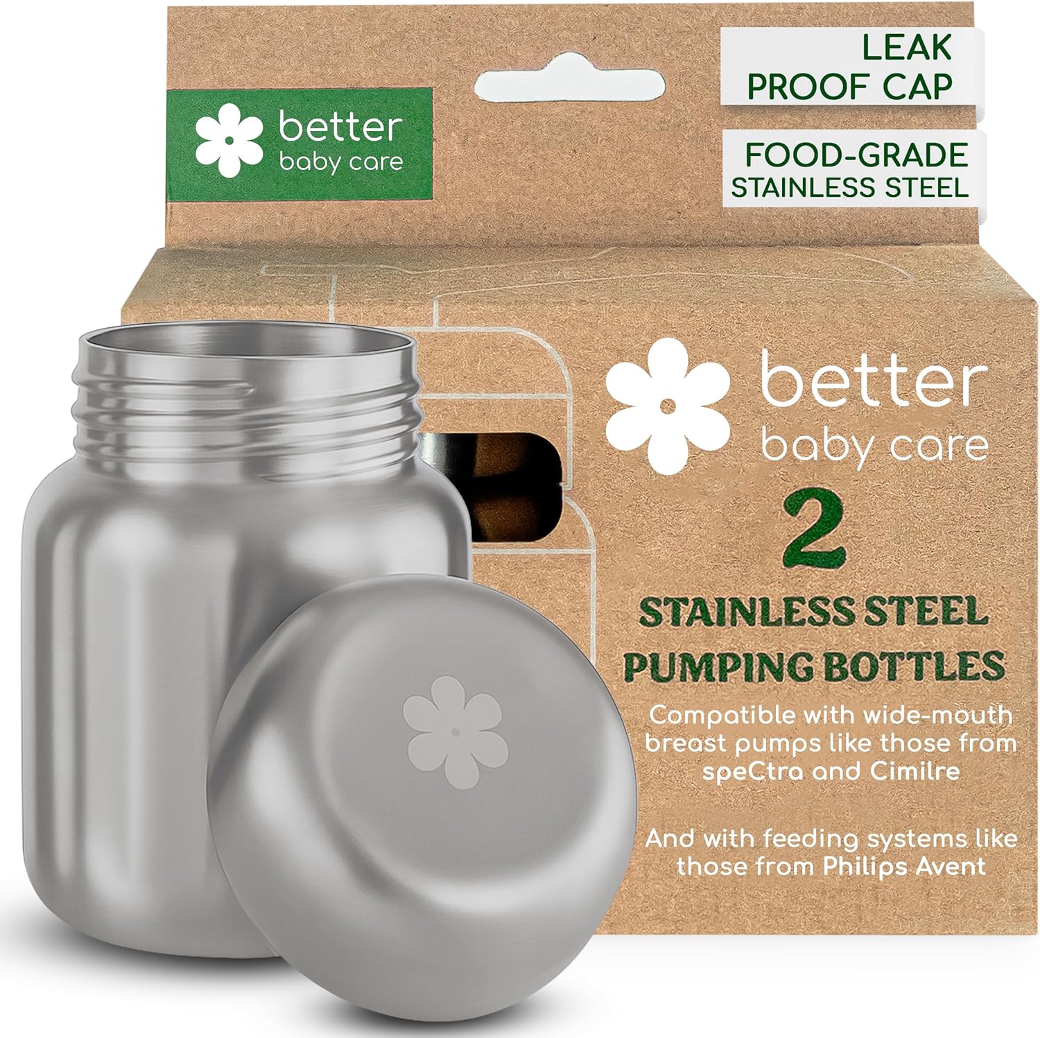 Pair of 2 Stainless Steel Breastmilk Pumping & Storage Bottle: 5+oz Breast Milk Bottle for Collection and Feeding, Leakproof, Dishwasher-Friendly, Fits w speCtra, Philips Avent, Cimilre